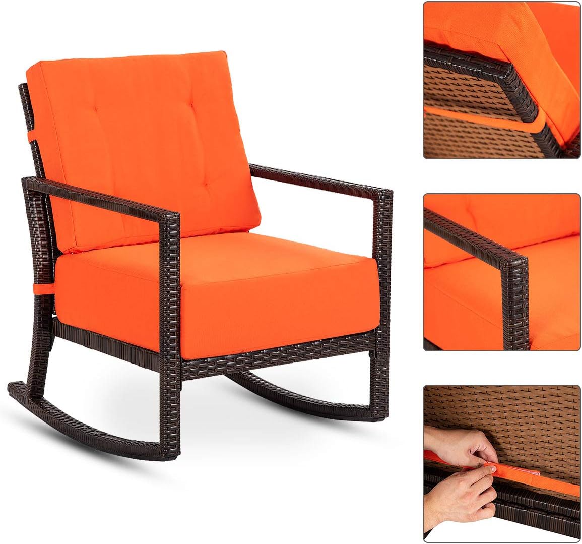 Tangkula (Orange) Rocker, Outdoor Patio Rattan Wicker Rocking Armchair Chair Furniture W/Cushion