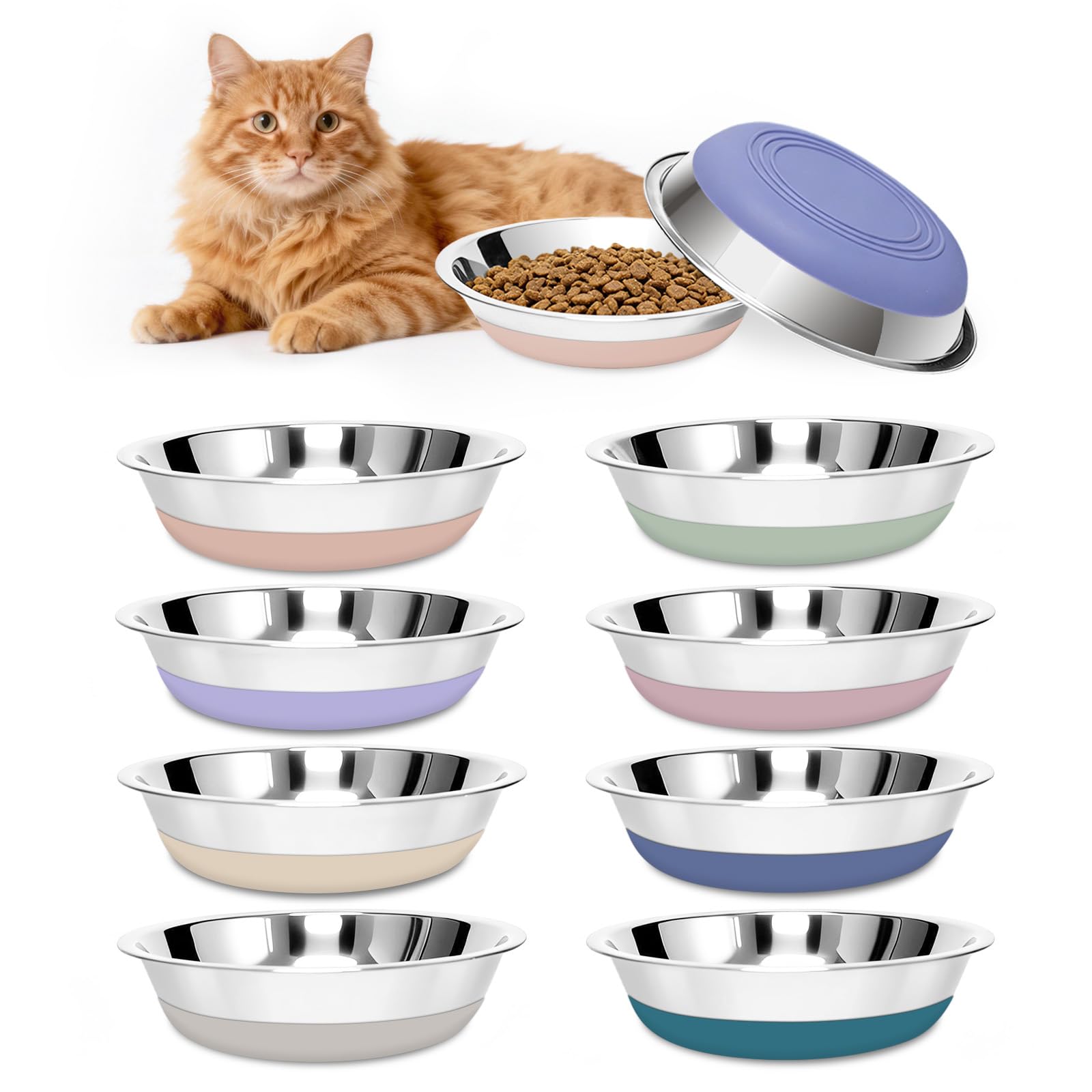 [8 Pack] Stainless Steel Cat Bowls with Non-Slip Silicone Bottom