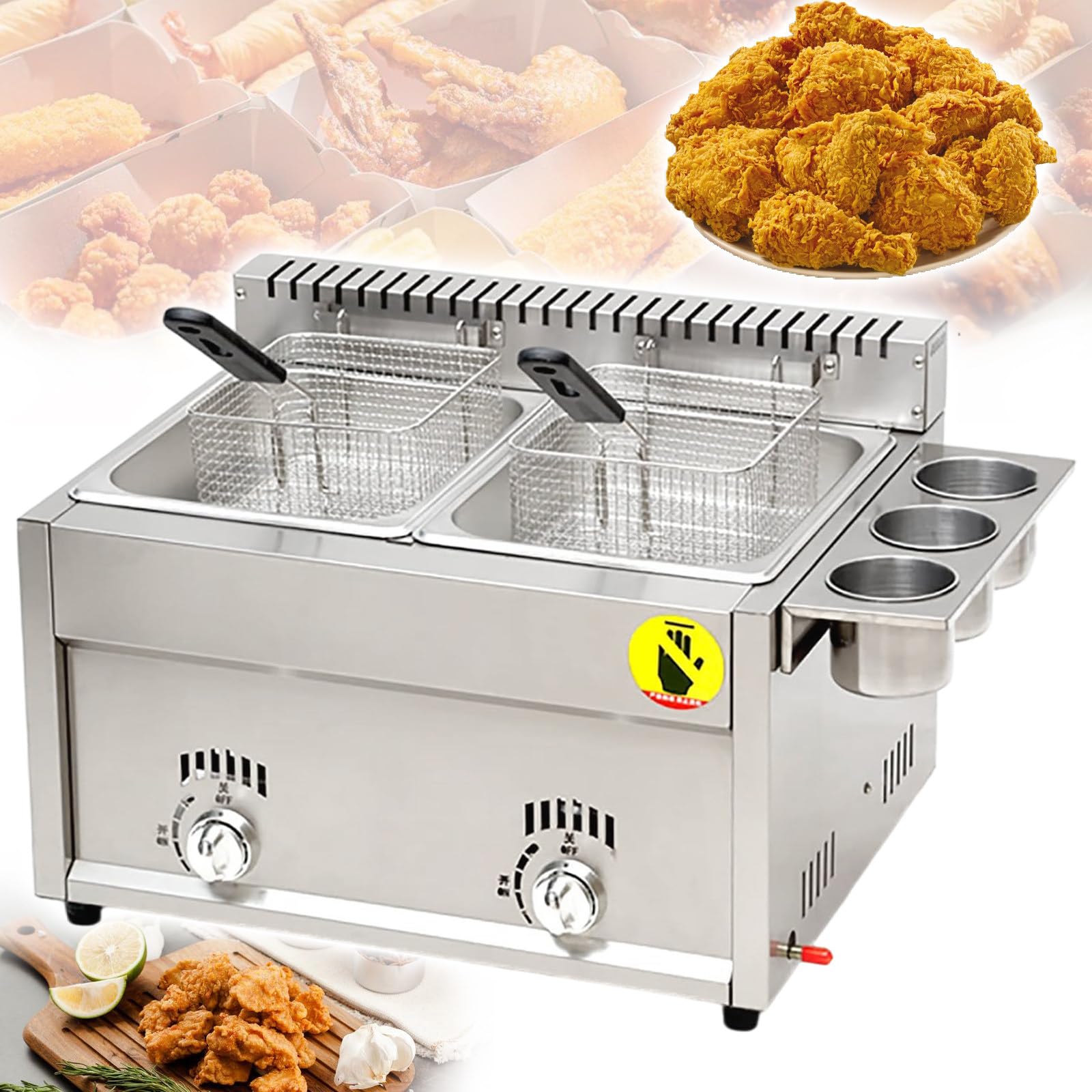 16L Commercial Gas Deep Fryer, Countertop Stainless Steel Dual Tank Kitchen Frying Machine,with 2 Baskets & Lids,for Cooking Fries, Onion Rings, Egg Rolls, Fried Chicken,