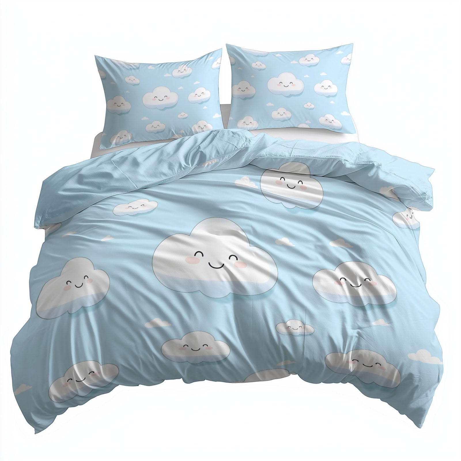 Azul Funda Nordica Cama 90 De 3 Piezas Nubes De Dibujos Animados Juego De Funda Nordica 150X200 Cm Suave Transpirable Y 2 X Fundas De Almohada De 50X75 para Ropa De Cama Infantil Niño Chico Niña