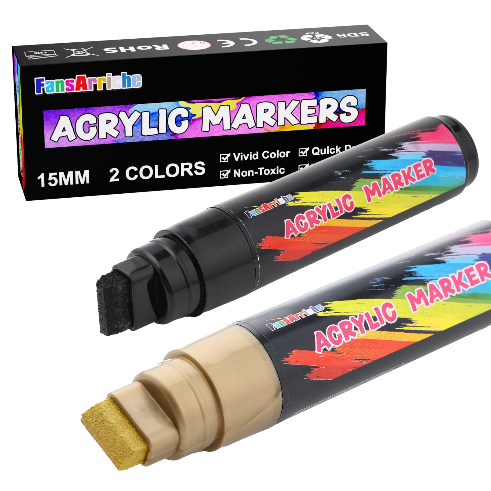 FansArriche Rotuladores Acrilicos Jumbo Punta 15 Mm 2 Colores, Rotuladores Profesionales Permanentes y Impermeables, Pintura Acrilica Para Metal, Cristal, Piedras, Tela