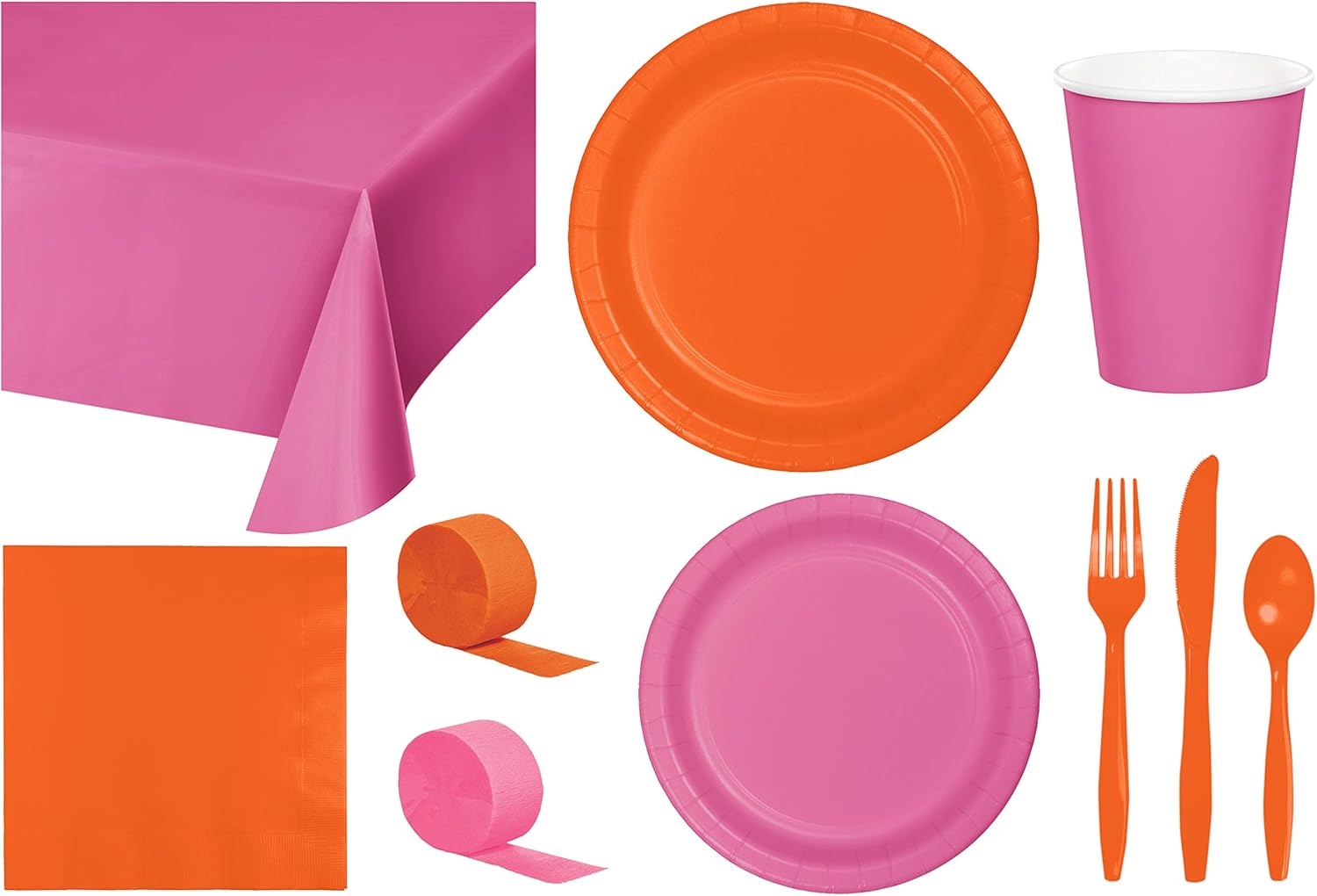Baxters Party Bundle Bulk, Tableware for 24 People Magenta Pink and Candy Pink, 2 Size Plates Napkins, Paper Cups Tablecovers and Cutlery, Box of 199