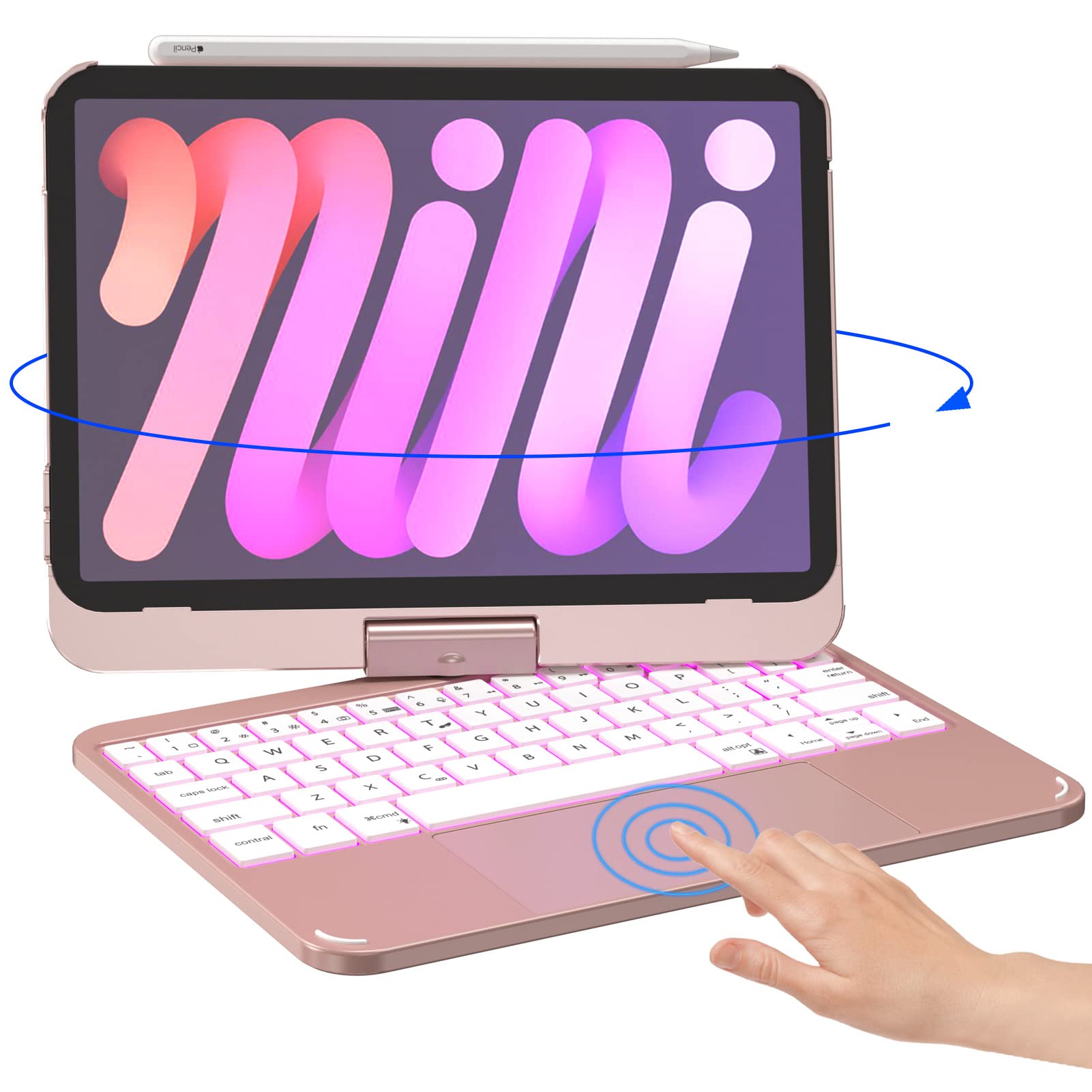 BABG Touch iPad Mini 6 Keyboard Case 8.3-inch 2021, 360 Swivel, Touchpad 7 Colors Wireless Backlit Keyboard for iPad Mini 6th Generation, Slim Folio Protective Cover (Rose Gold)