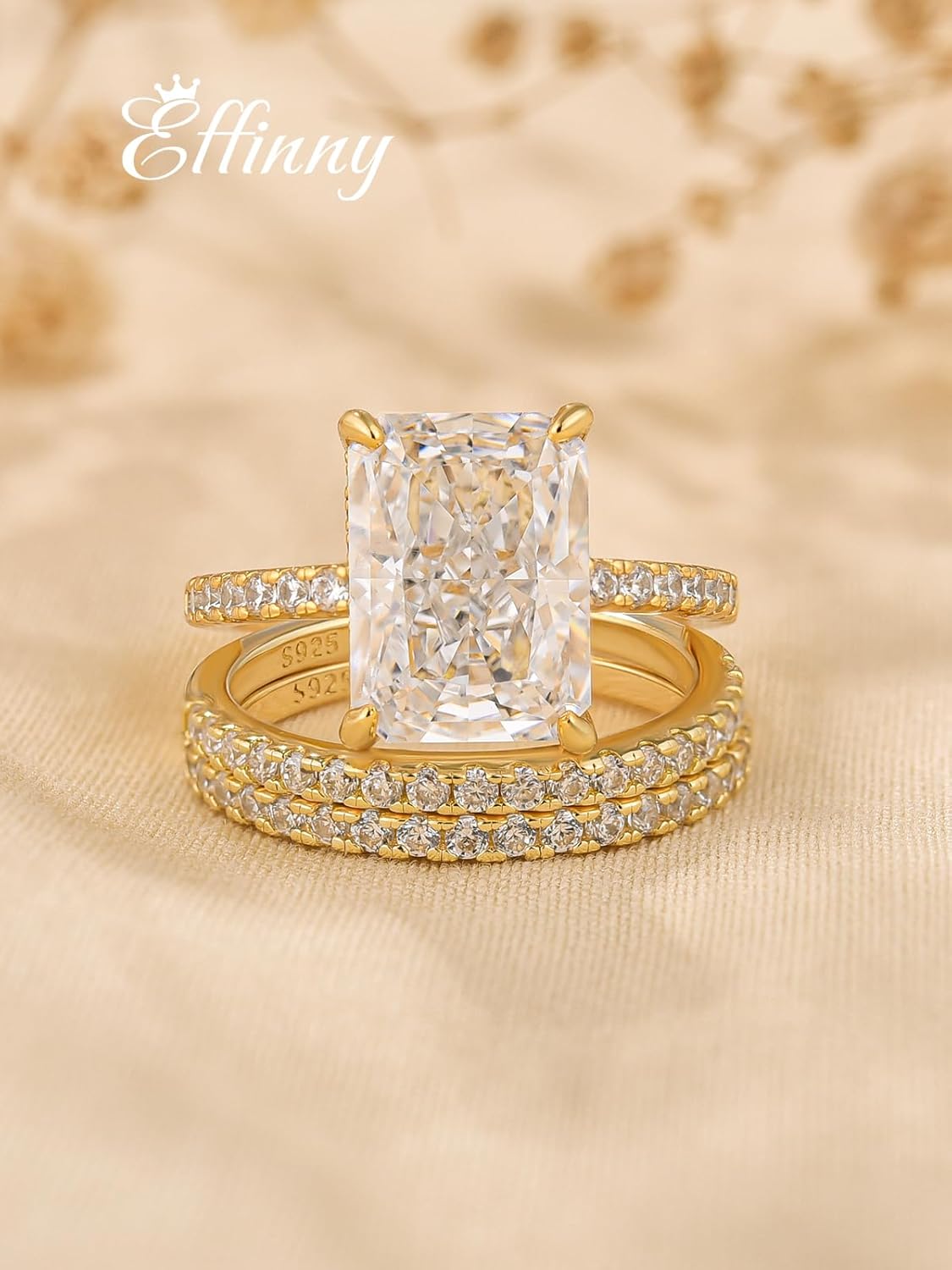 4.0ct Radiant Cut Engagement Ring Set,Rectangle Crushed Ice D Color 14K Gold Plated 925 Sterling Silver Bridal Ring Set with Half Eternity Wedding Band