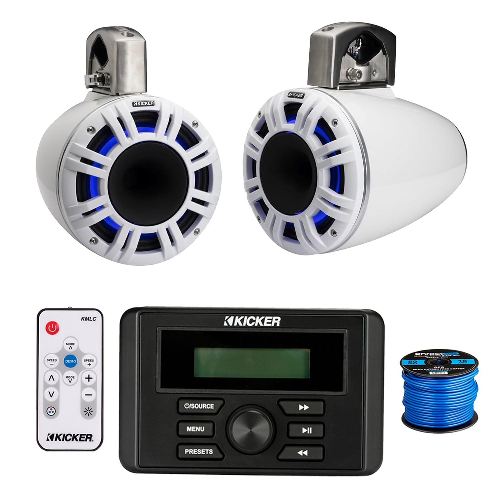 Kicker 46KMC3 All-Weather Marine Gauge Style USB Bluetooth AM/FM Media Center Receiver, 2X 6.5 300 Watt Peak Multicolor LED Marine HLCD Tower Speakers (White) with LED Remote, 16 Gauge 50 feet Wire