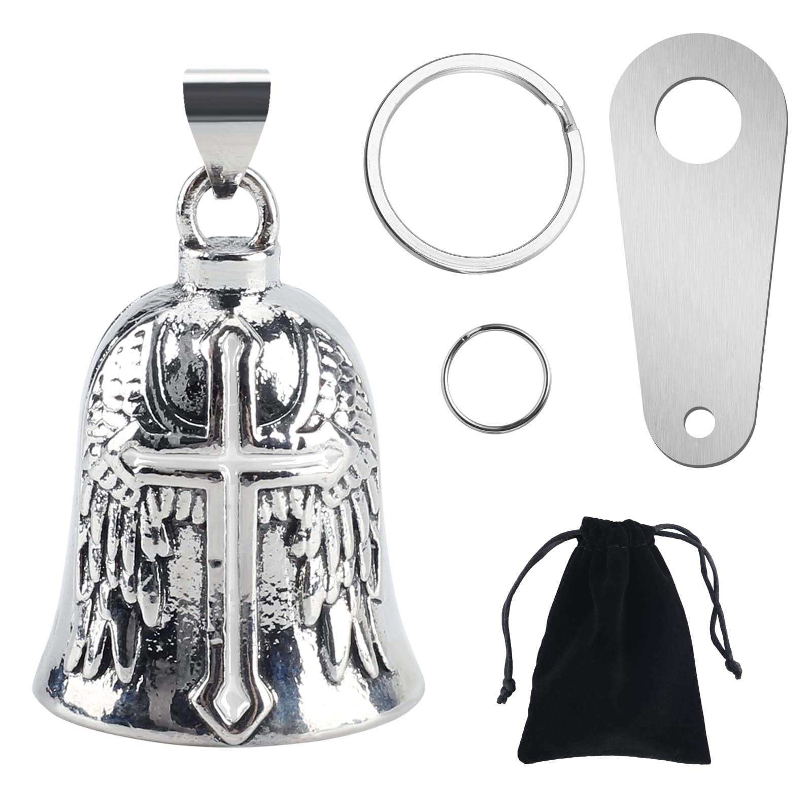 vvag Motorcycle Bell Guardian Angel, Good Luck Biker Bell with Bells Hanger 2 Key Chain Rings and Organizer Bag