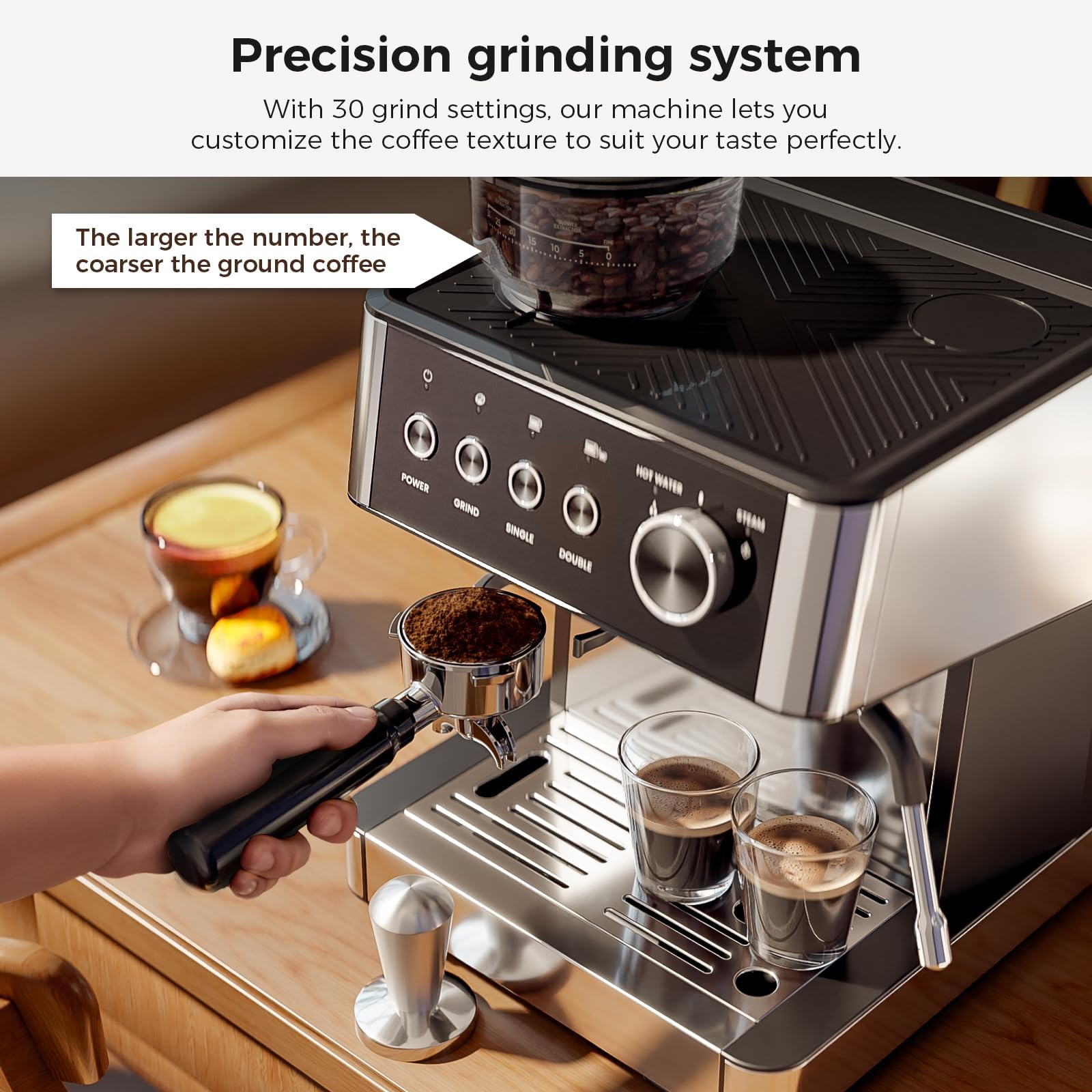 Kismile - Macchine per espresso con frantoio, macchina per caffè espresso professionale da 15 bar con serbatoio dell'acqua rimovibile, funzione acqua calda, montalatte asta di vapore per