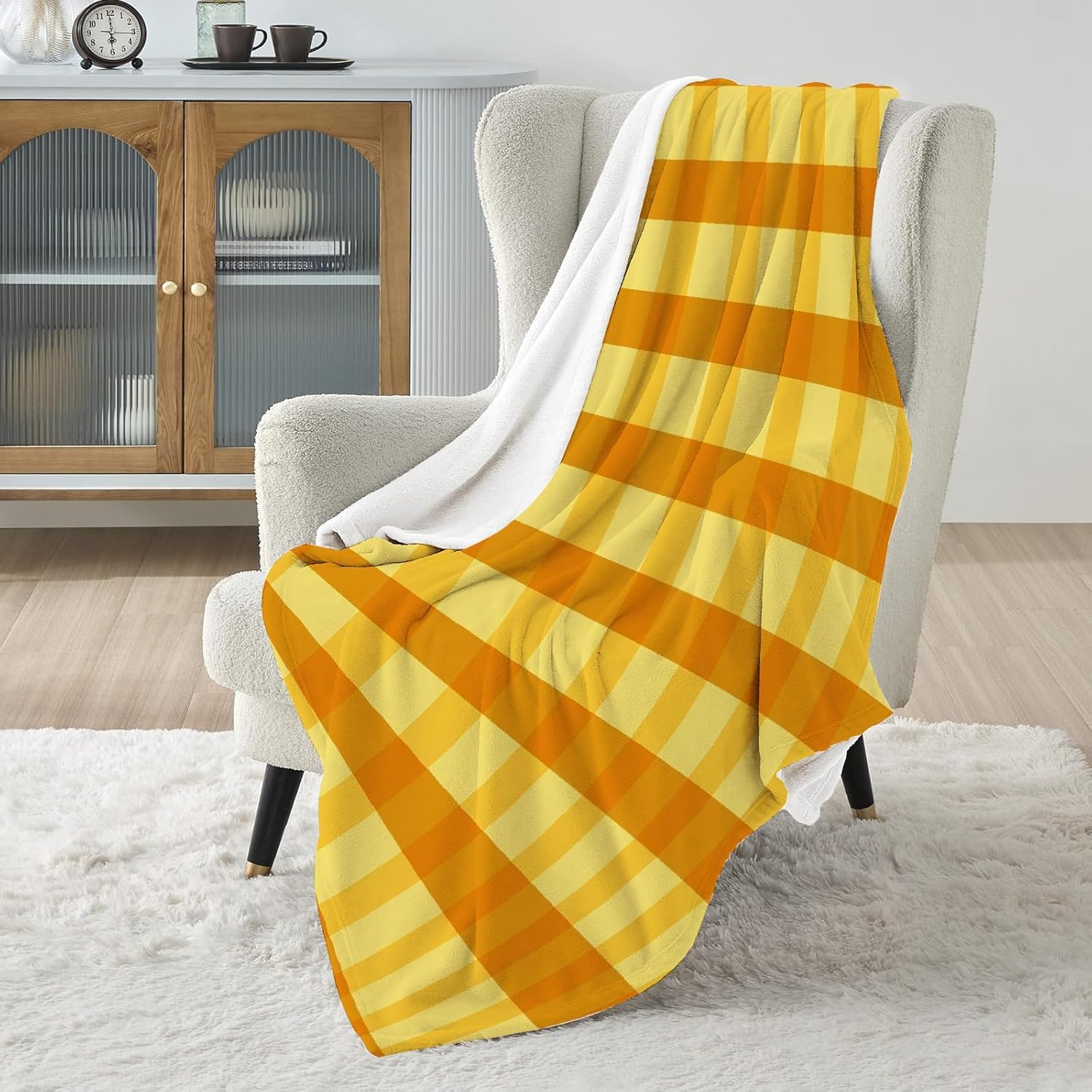 Manta Cuadros Amarillos 200x220 cm Manta Polar de Franela Cuadros Naranjas para Sofa y Cama, Mantas Ligeras, Caliente y Transpirable, Todas Las Estaciones a-5080