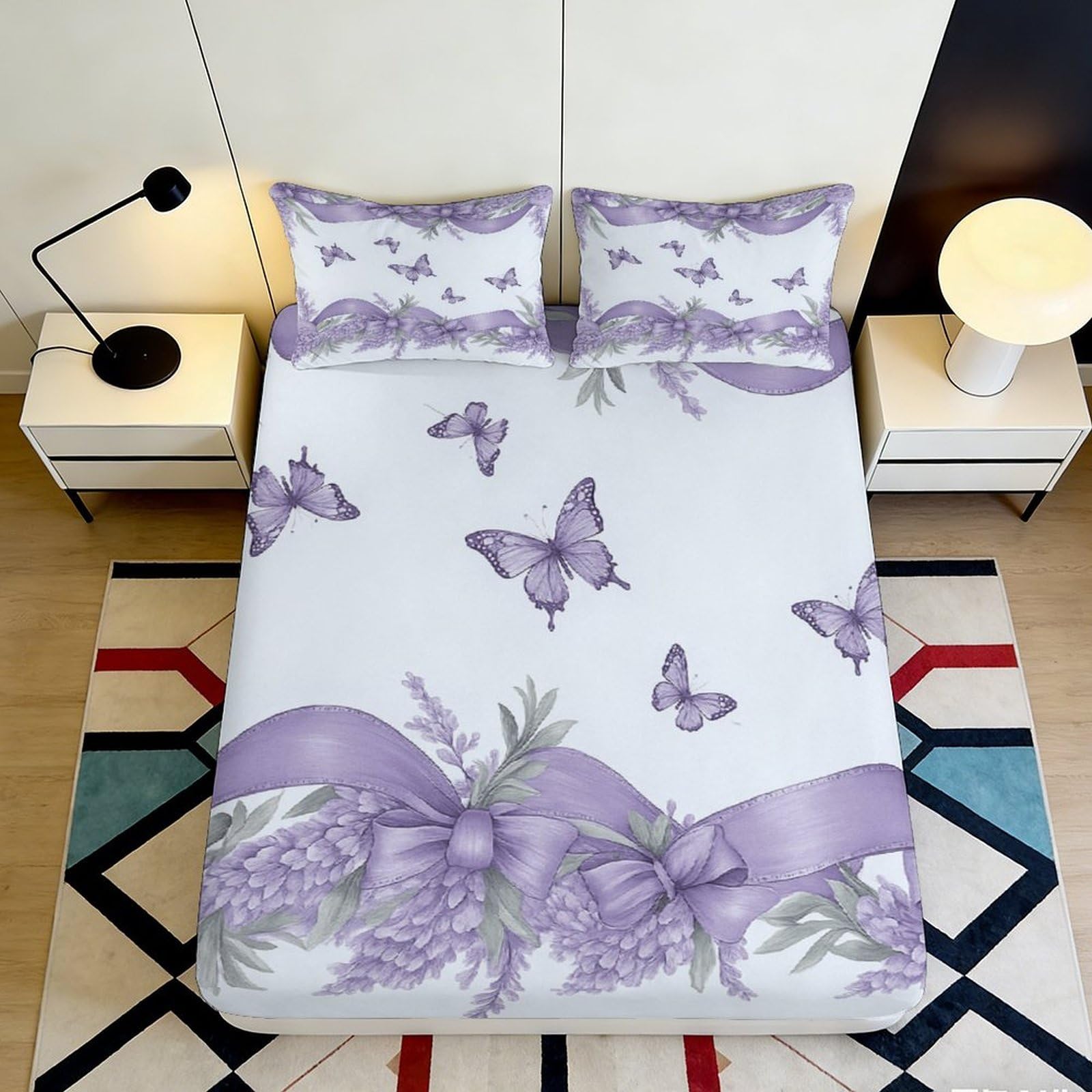 3D Printed Purple Butterfly Fitted Sheet Microfiber Soft Bed Cover Lavender Floral Mattress Decor for Bedroom Guest Room Dorm 90x200x25cm