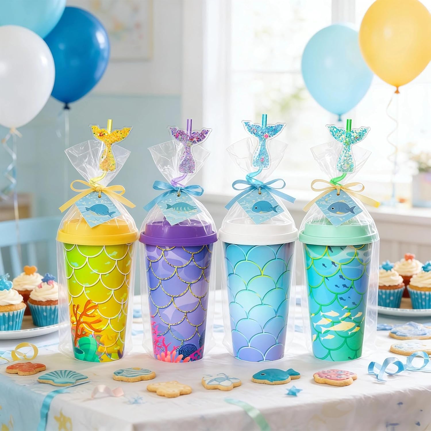24 Pack Mermaid Party Favors Cups with Lids and Mermaid Tail Straws, 16OZ Plastic Cups for Under the Sea Birthday Decorations Supplies Party Goodie Bags Stuffers for Kids Girls