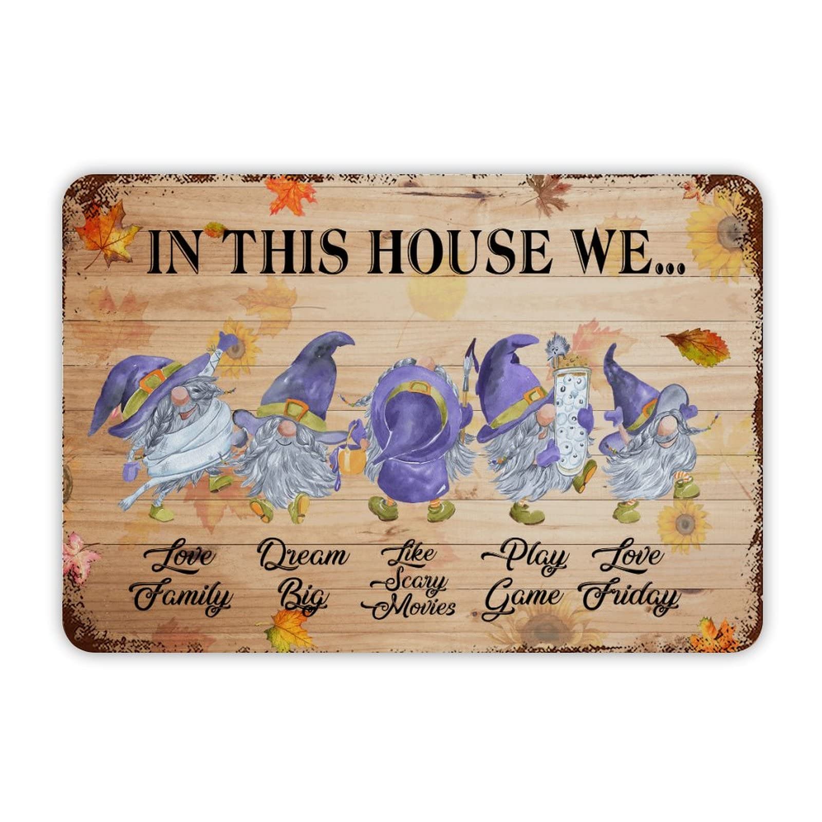 ENEDNATE Halloween Gnome in This House We Love Family Vintage Man Cave Metal Sign 8"x12" Decorative Aluminum Tin Sign for Indoor Outdoor Kitchen Bar Restaurant Cafe Pub Wall Art Decor Hanging Poster
