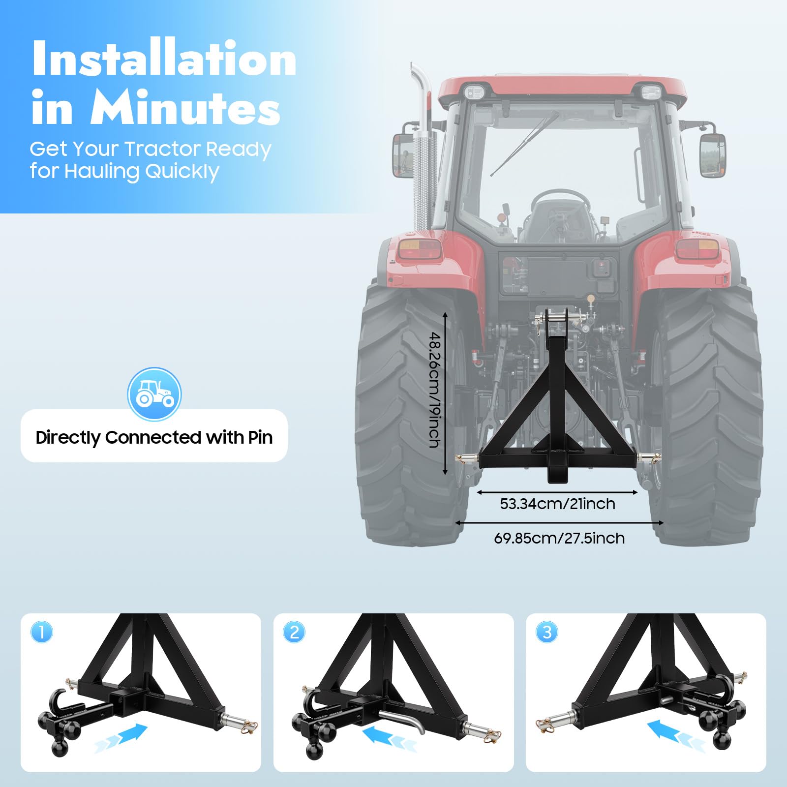 Enganche de remolque de 3 puntos, 3 puntos con 3 pernos de embrague, bola de remolque para tractor, longitud 48 cm