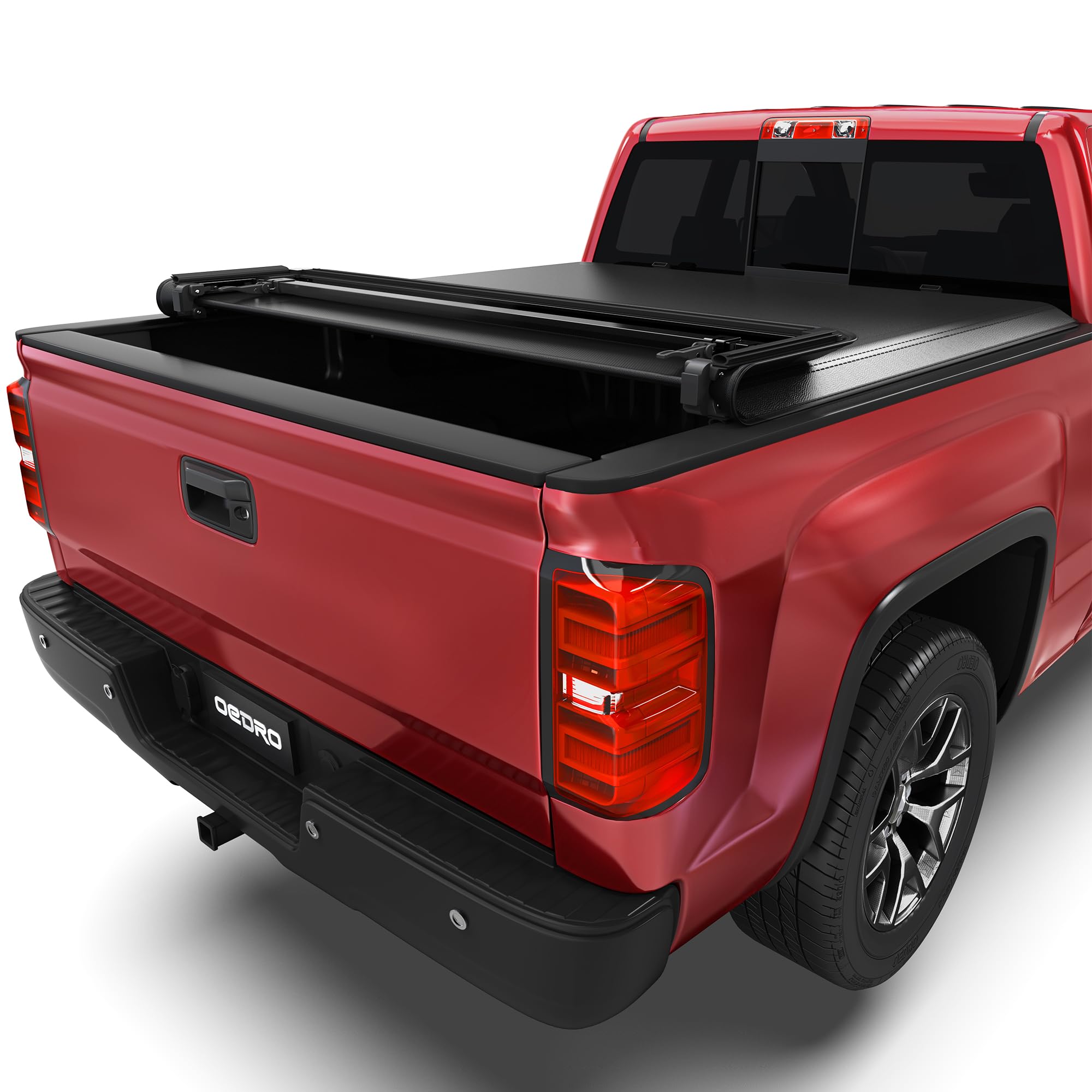 oedro soft quad fold truck bed tonneau cover fits for chevy silverado/gmc sierra 1500 new body style 2007-2013 without multi-flex tailgate, fleetside 6.6 feet bed