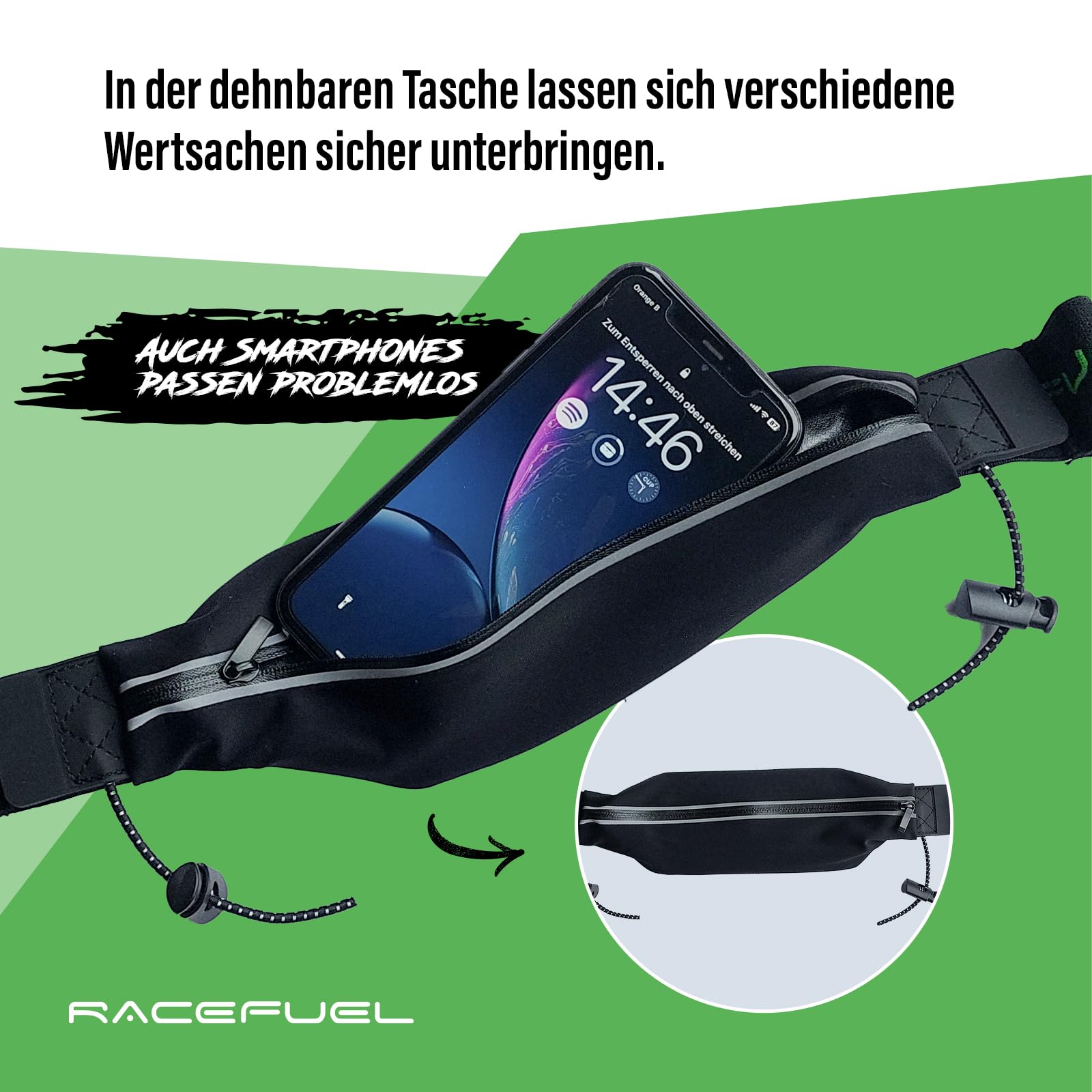 RaceFuel - Correa para el número de triatlón con bolsillo para teléfono móvil con soporte para número y 6 soportes Softflask o gel para correr, ciclismo, maratones, Con bolsa, talla única, Banda