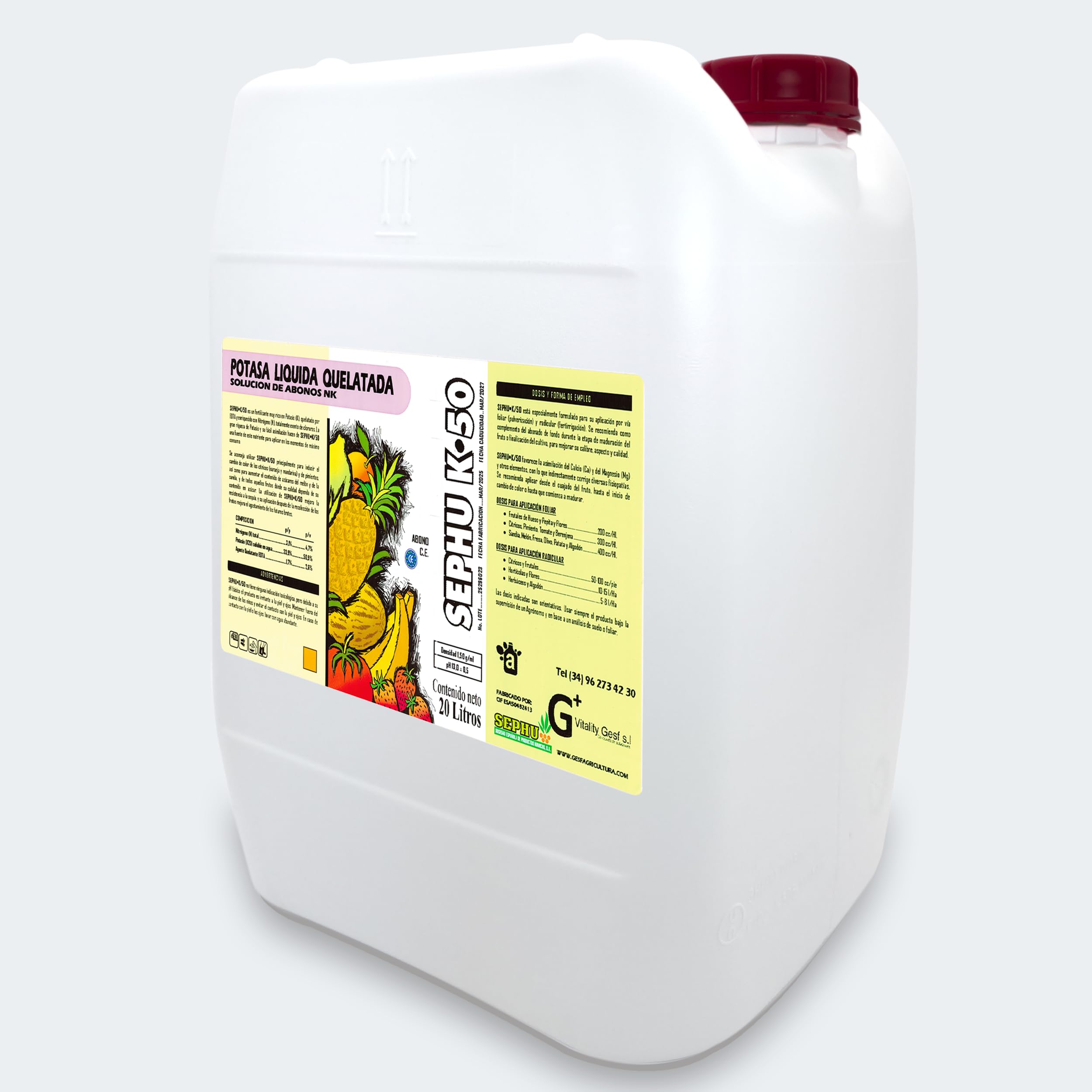 Potasa quelatada al 50% SEPHU-K/50, Es un Fertilizante de Potasio Quelatado Líquido con EDTA y Nitrógeno, Nutriente Agrícola para Olivos, Frutales y todo tipo de Cultivos. 20 Litros