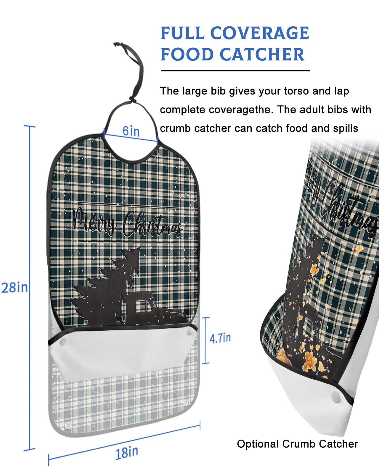LEOKOTI Christmas Adult Bibs for Eating, Waterproof Bibs with Food Catcher & Adjustable Snap Closure, Xmas Tree Truck Winter Snowflake Green Plaid Washable Clothing Protectors Adult Bibs for Elderly
