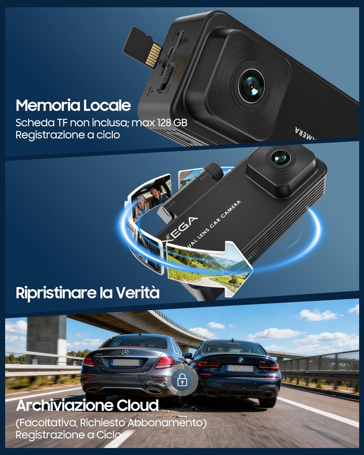 XEGA Dash Cam Auto 2K 4G con Scheda SIM, GPS, Monitoraggio di Parcheggio, Rilevamento Collisione/Movimento Radar, Audio Bidirezionale, Modalità Privacy, Video in Diretta/Cloud
