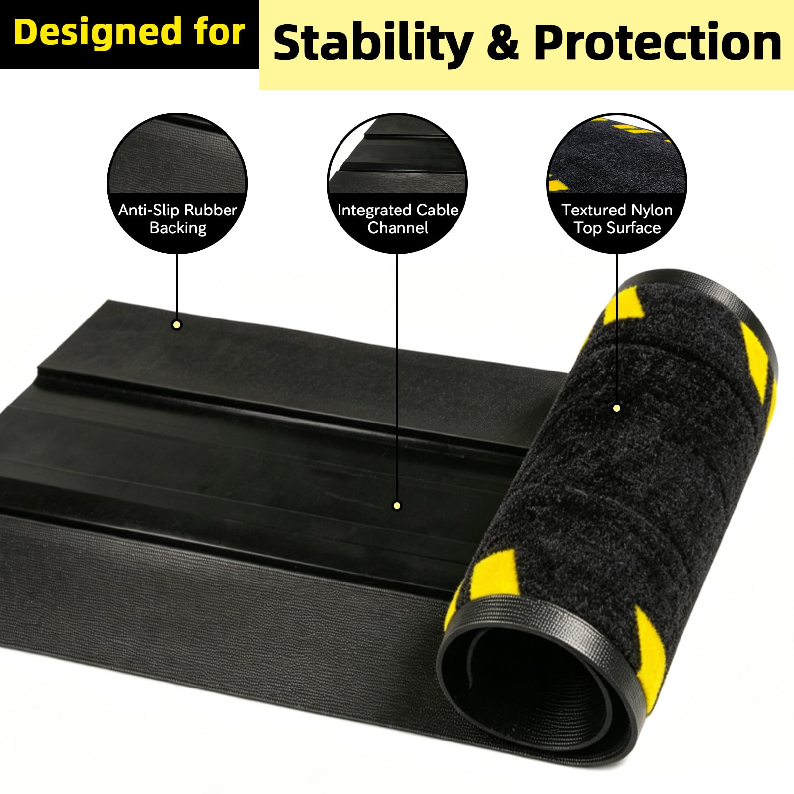 Copricavo Passacavo da Pavimento 120 x 40 cm, Tappeto Copricavi in Nylon e Gomma, Antiscivolo e Riutilizzabile, Canalina Passacavi Flessibile per Interni ed Esterni