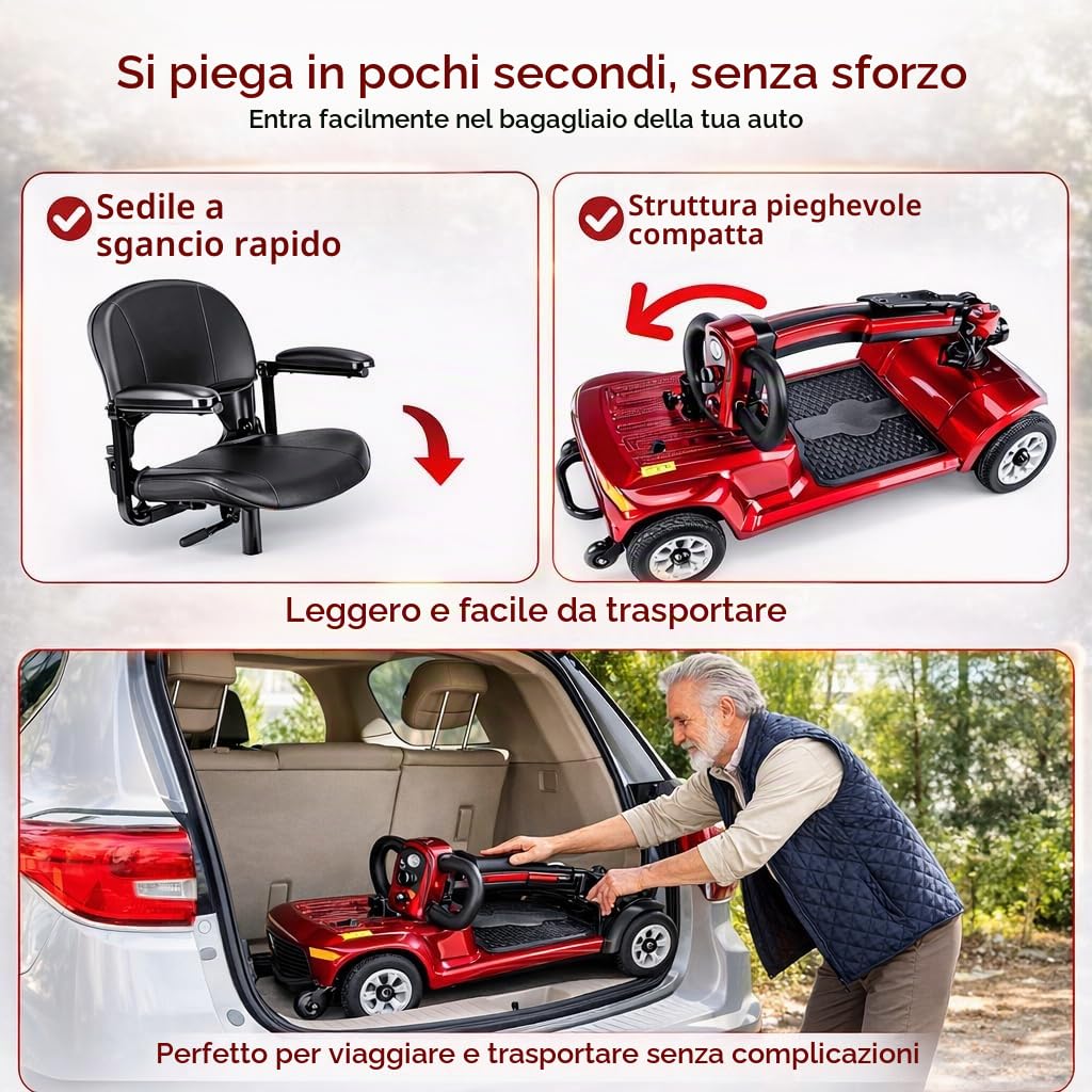 Mobility Scooter Elettrico per Disabili e Anziani di Pieghevole e Leggero, 3S Piegatura Rapida per Mobilità,Pneumatici Antiforatura per Persone con Mobilità Ridotta Sedia a Rotelle (Rosso)