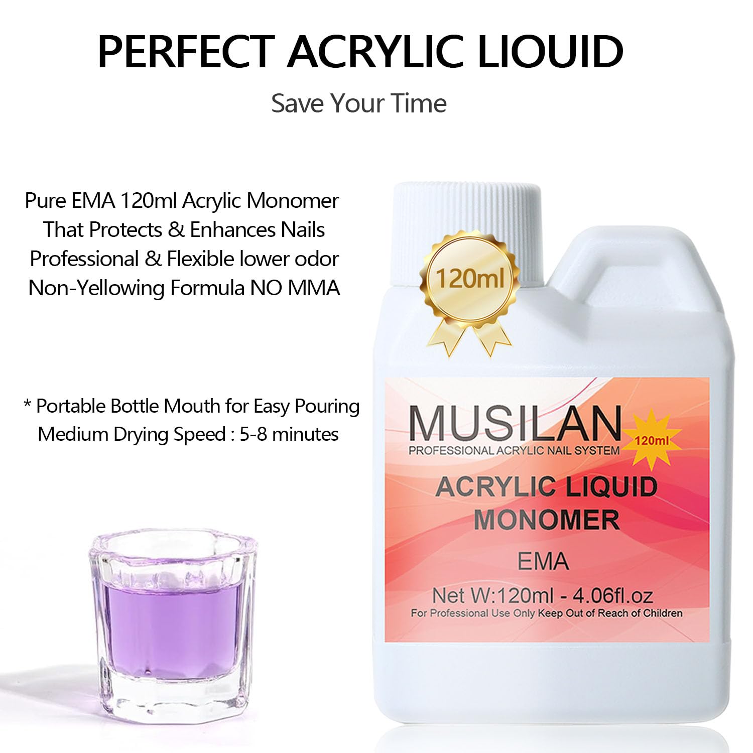 MUSILAN Płyn akrylowy do paznokci, 120 ml, monomer EMA, akrylowy płyn do paznokci akrylowych, super mocny, nieżółknący, zestaw do stylizacji paznokci dla początkujących i studyjnych