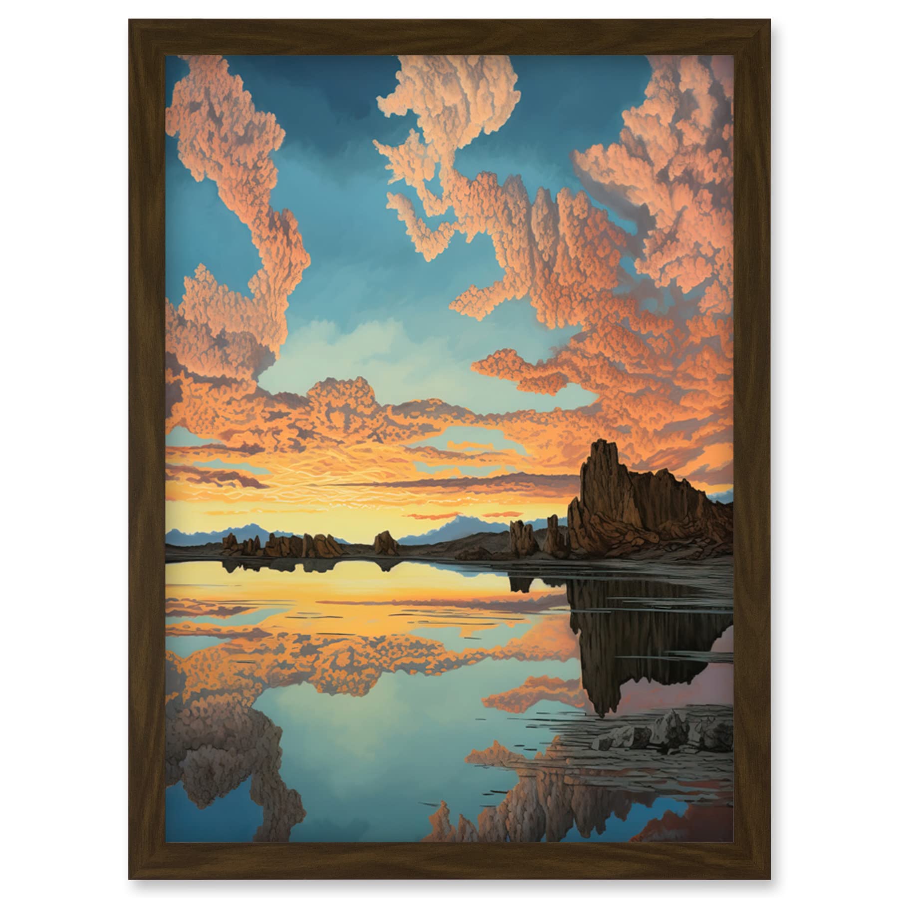 Artery8 Atmospheric Cloud Reflections Early Morning Dawn at Mono Lake Modern Watercolour Painting Artwork Framed Wall Art Print A4
