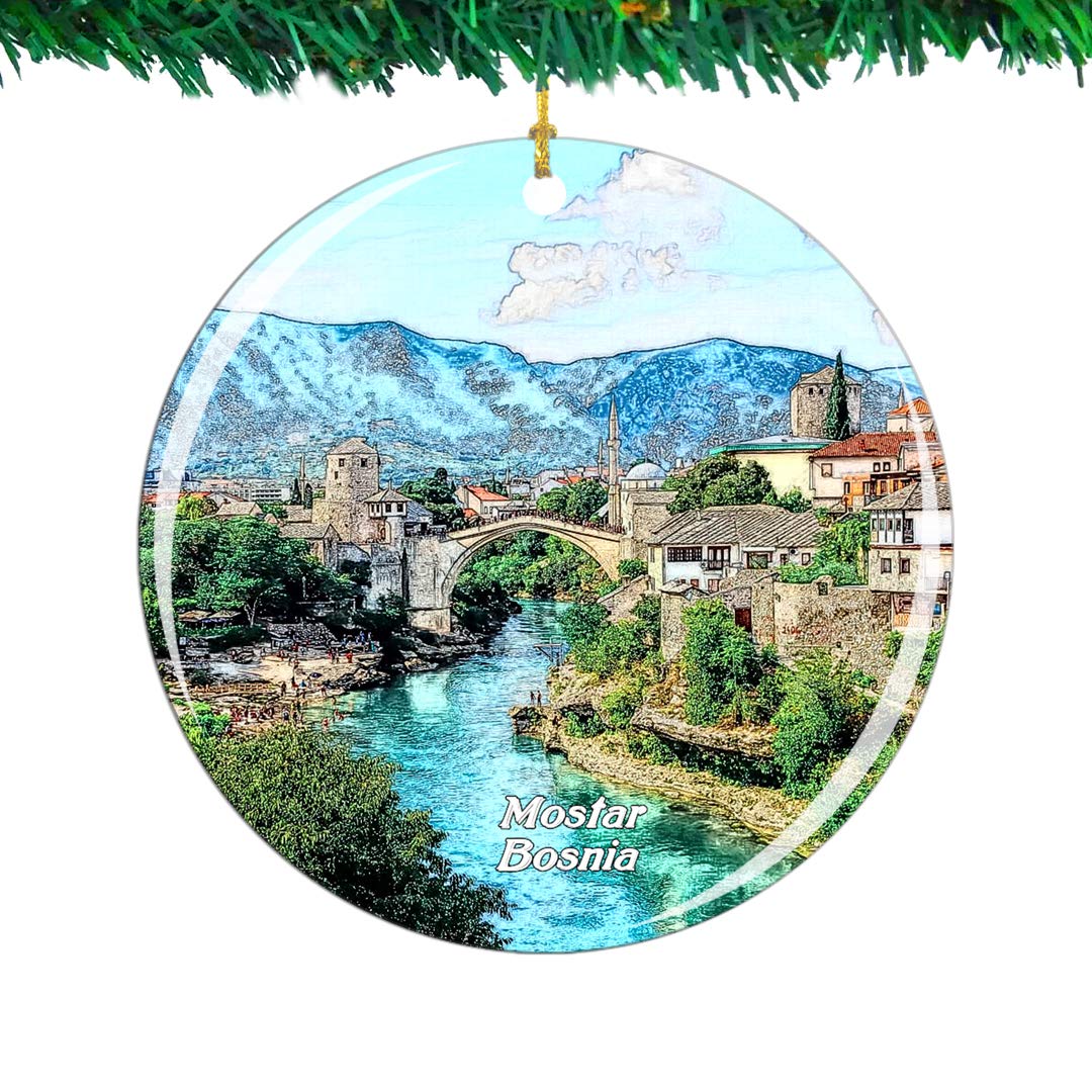 Weekino Old Bridge Mostar Bosnia Christmas Ornament City Travel Souvenir Collection Double Sided Porcelain 2.85 Inch Hanging Tree Decoration