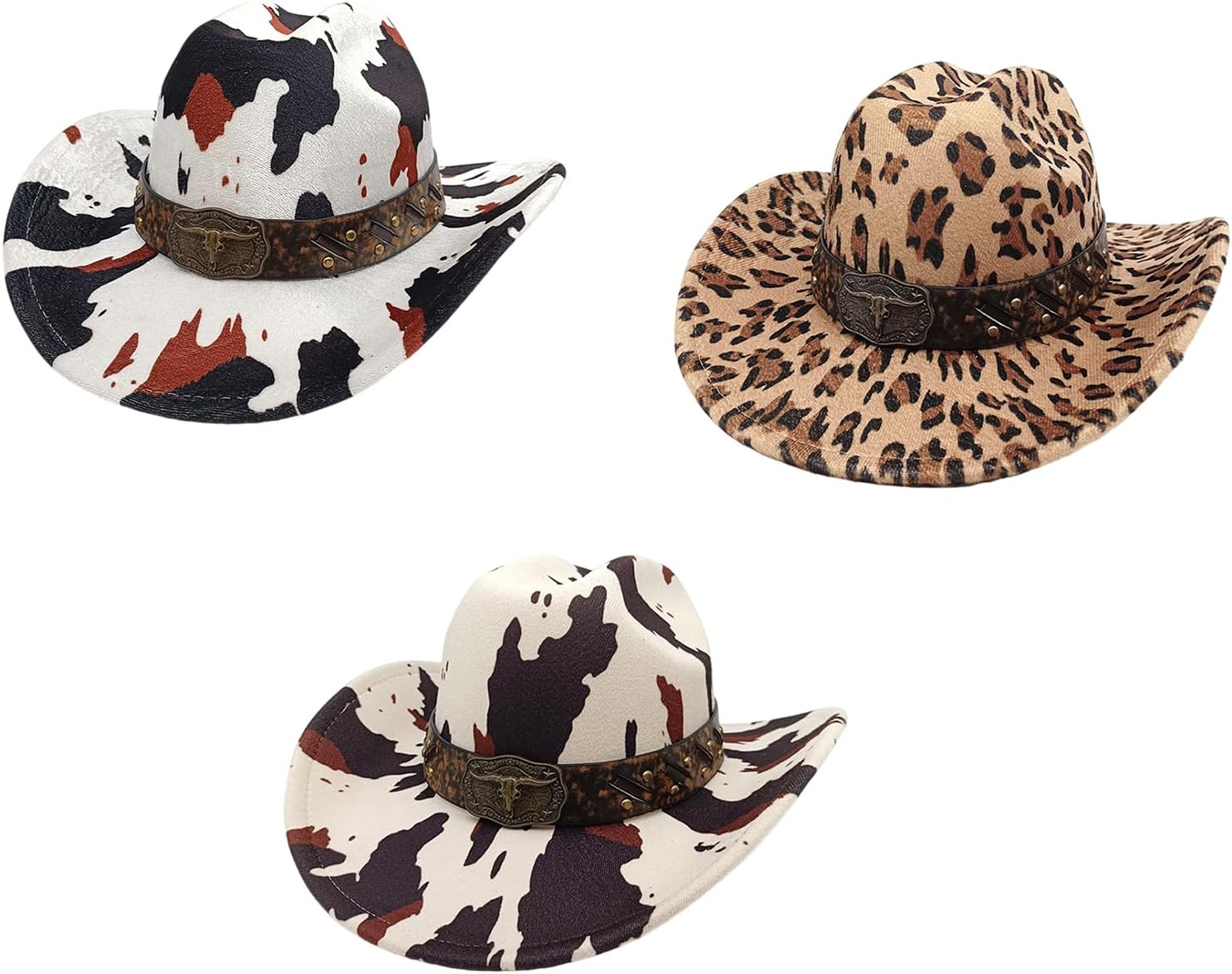 Antique Wide Brims Hat with Cow Pattern Designs Western Fedoras Hat for Music Festival Costume Event Headpiece Vintage Band