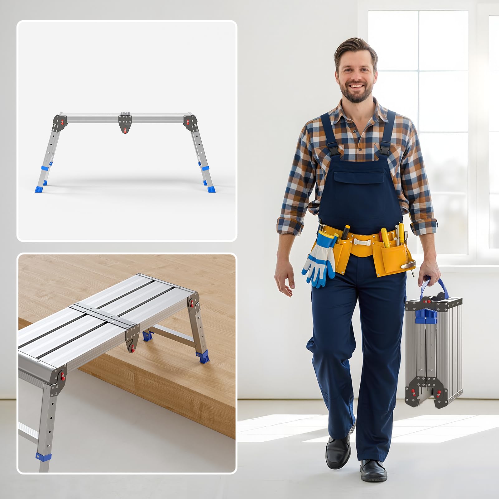 Plataforma de trabajo plegable para adultos, taburete de aluminio plegable, altura ajustable, escalera de aluminio portátil ligera y resistente, capacidad de carga máxima de 500 libras.