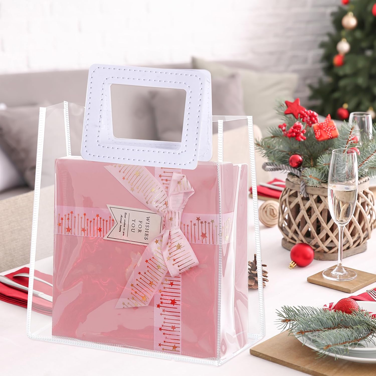 Yolyoo 15 Pack Clear Gift Bags with White Handles Transparent PVC Gift Wrap Bags Plastic Tote Bags Reusable Shopping Bags for Bridal Party,Wedding,Baby Shower,Birthday Party 7 x 8 x 4 Inch (7 x 8 x 4 - Image 7