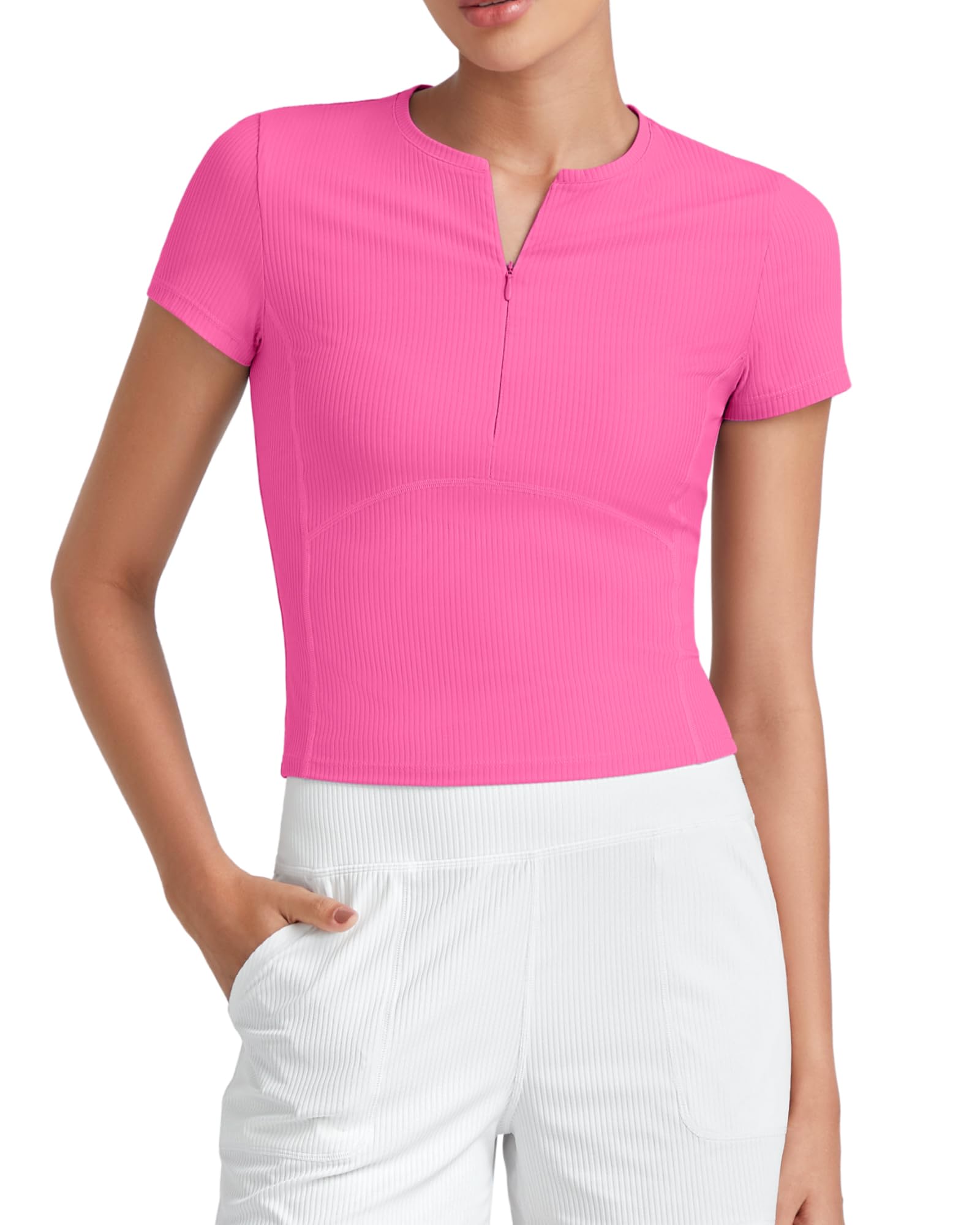 G4Free Workout Tops for Women Short Sleeve Yoga Ribbed Quarter Zip Pullover Shirts Running Breathable Athletic Gym Slim Fit (Hot Pink,M)