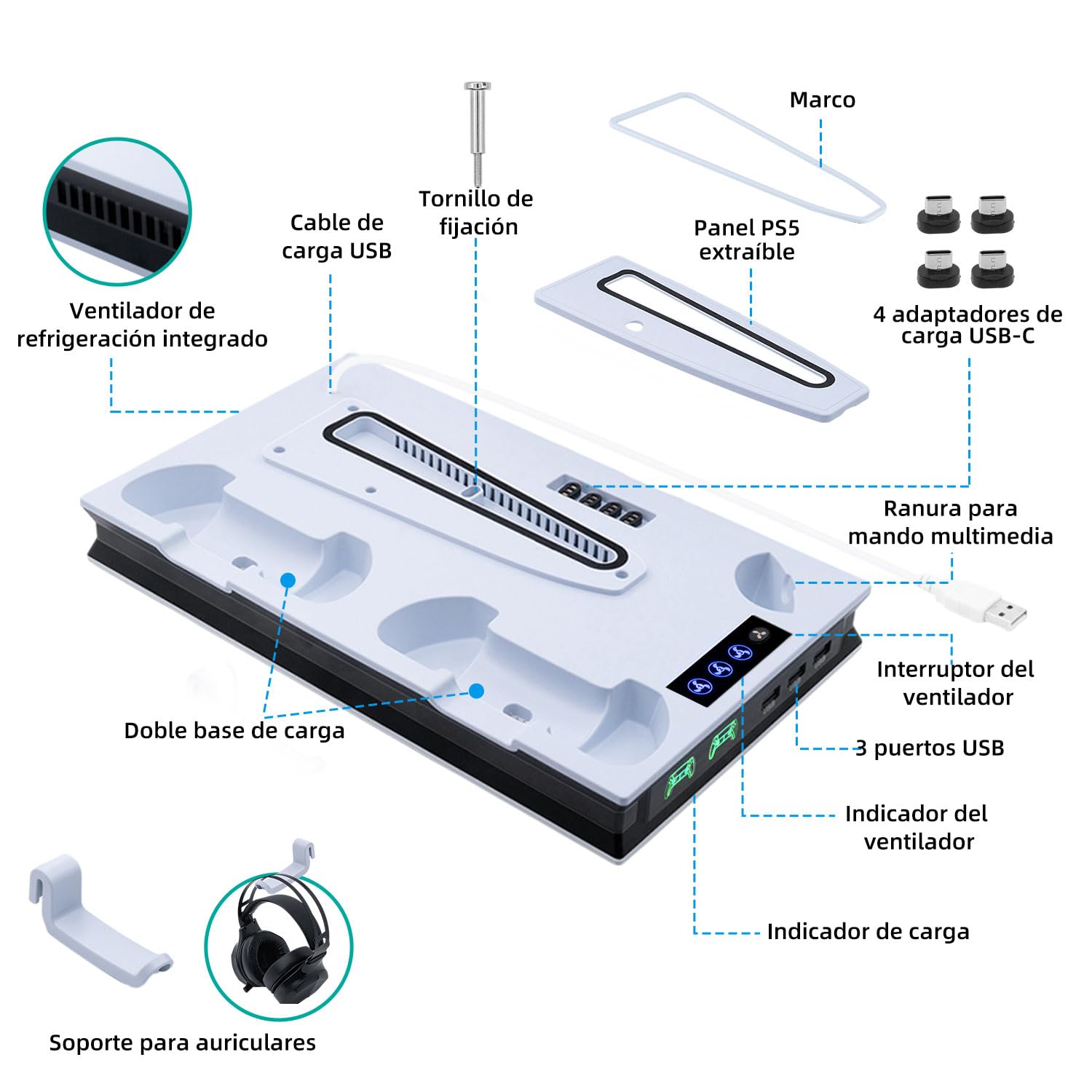 Soporte de Refrigeración para PS5 / PS5 Slim / PS5 Pro, Soporte para PS5 Vertical Ventiladores de Refrigeración y Estación de Carga de Dual Dontrolador, 3 USB, Soporte para Auriculares