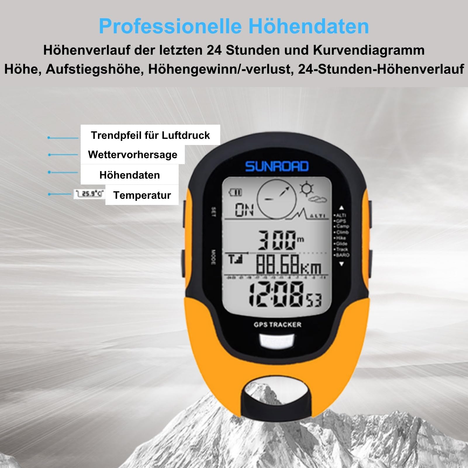 GPS Höhenmesser Barometer, Multifunktionale GPS Messgerät mit Hochpräzise Sensor, Kompass, Thermometer, Hygrometer, Wettervorhersage, Uhr, Datum, LED Taschenlampe, Wecker, IPX4 wasserdichte