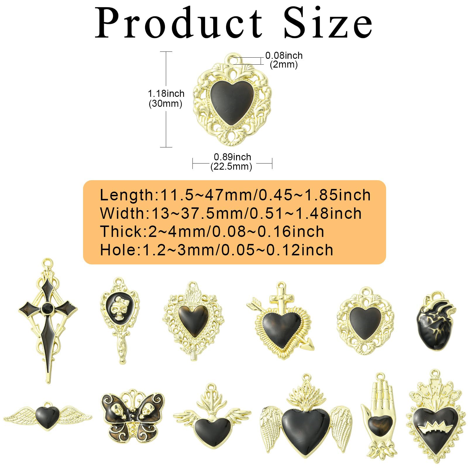 Stiesy 24Pcs 12 Styles Black Gothic Enamel Sacred Heart Charms Brass Goth Cross Heart with Sword Wing Skull Butterfly Charm Bulk for Jewellery Necklace Bracelets Earrings Making Crafts DIY - Image 2