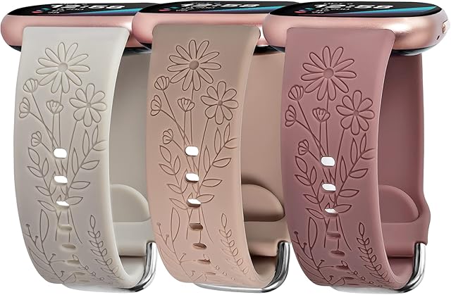 Engraved Silicone Bands Compatible with Fitbit Versa 3 Bands/Fitbit Versa 4 Bands/Fitbit Sense/Sense 2 Bands for Women, Soft Flower Sport Wristbands for SmartWatch Replacement Strap (3 Pack)