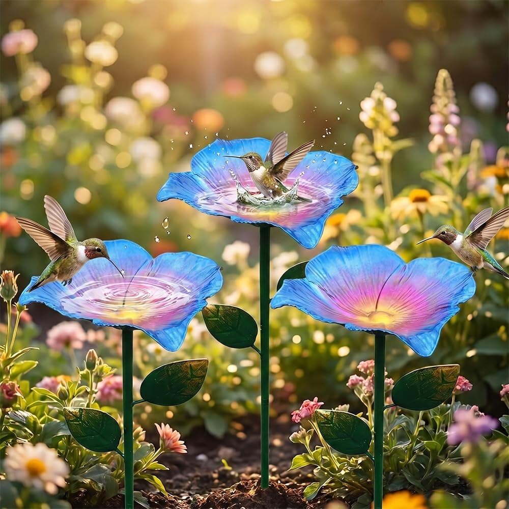 sloiaz Handmade Metal Flower Garden Stake, Colorful Butterfly Bee Water Feeder Bird Bath Bowl, Hummingbird Fountain Bee Watering Station Outdoor Yard Garden Decor(Blue,3PCS)