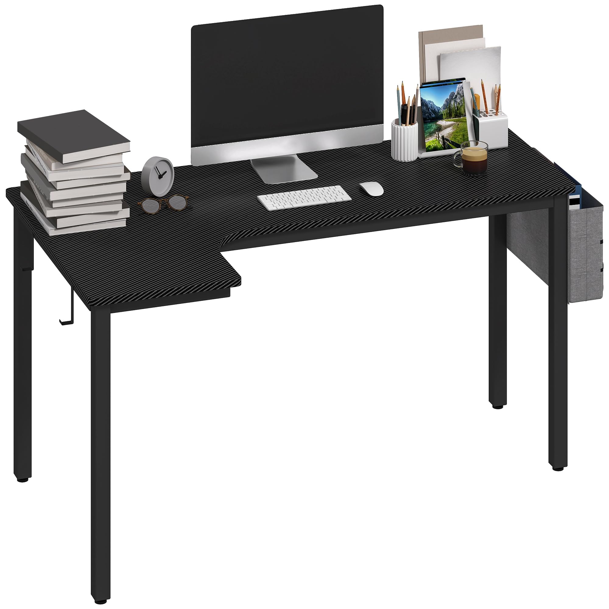 Homcom Black L-Shaped Corner Desk Computer With Fabric Bag And Hooks, - 81 - Particleboard, Metal