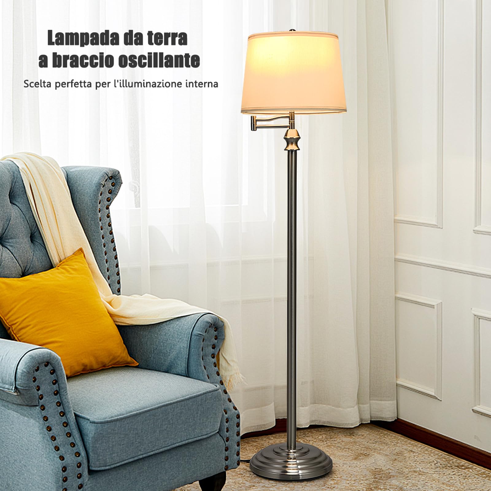 COSTWAY Lampada da Terra Design e Vintage, Lampada a Stelo da Terra con Braccio Girevole, Ideale per Soggiorno, Camera da Letto e Studio, Argento