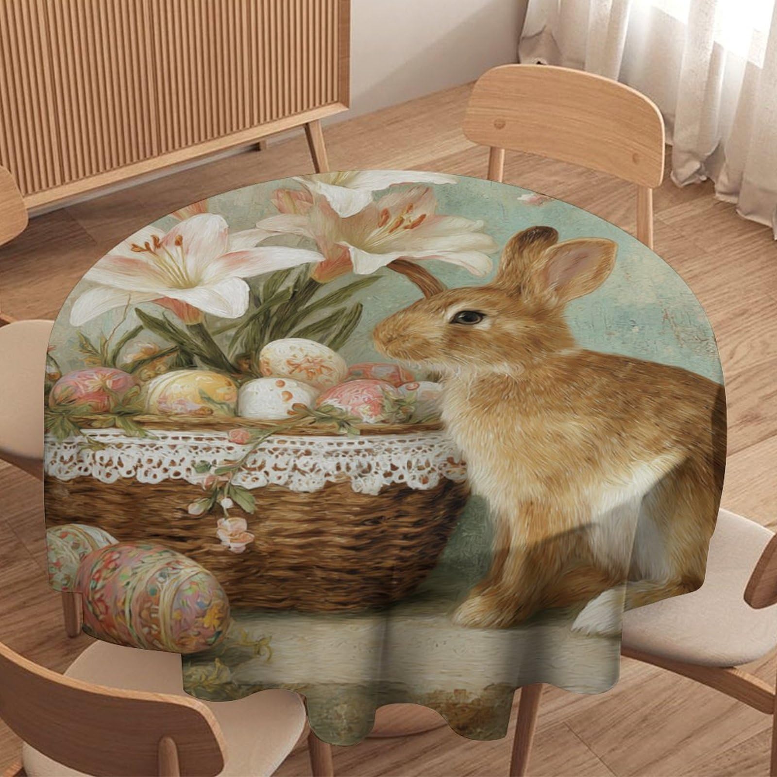 LUYYSKY Classic Realistic Cute Bunny Waterproof Round Tablecloth Retro Oil Painting Easter Animal Rabbit Plant Lilies Colorful Eggs Washable Table Cover for Kitchen-152.4" Wx152.4 L cm