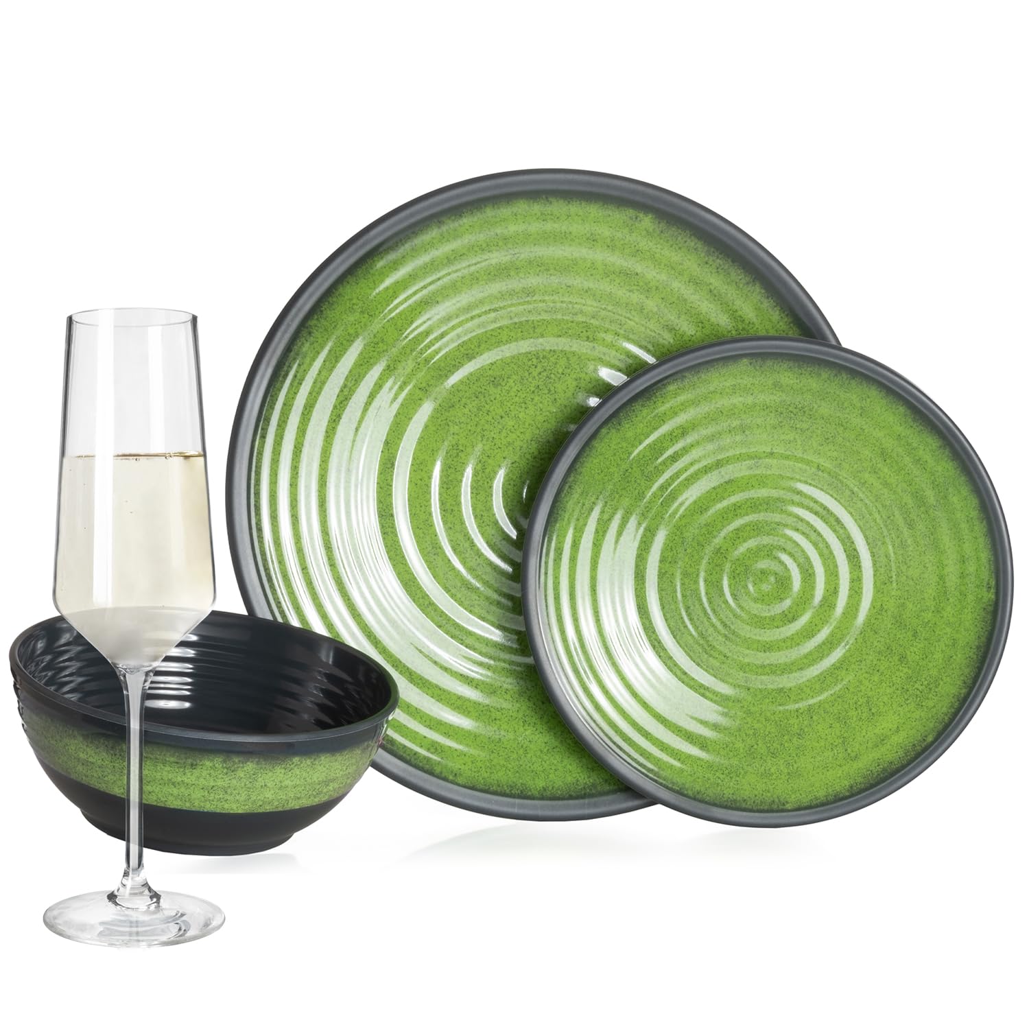 Vajilla de melamina para camping, 4 personas, color verde piedra + 4 vasos de champán Milano
