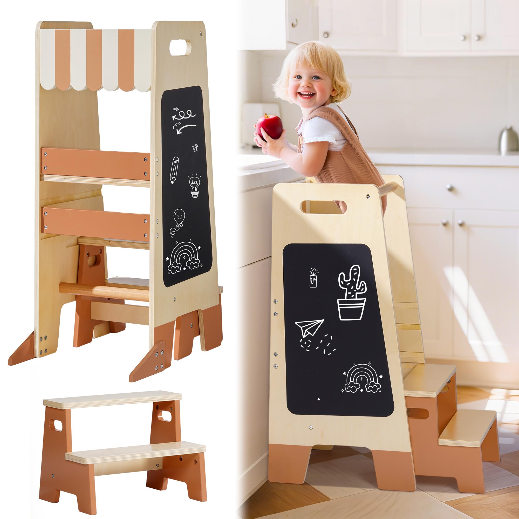 Robotime Caramel Wooden Toddler Step Stool With Safety Rail & Blackboard – Montessori Kitchen Wooden Helper Tower For Kids Ages 2+, Bathroom & Nursery Training Stool Aid For Children