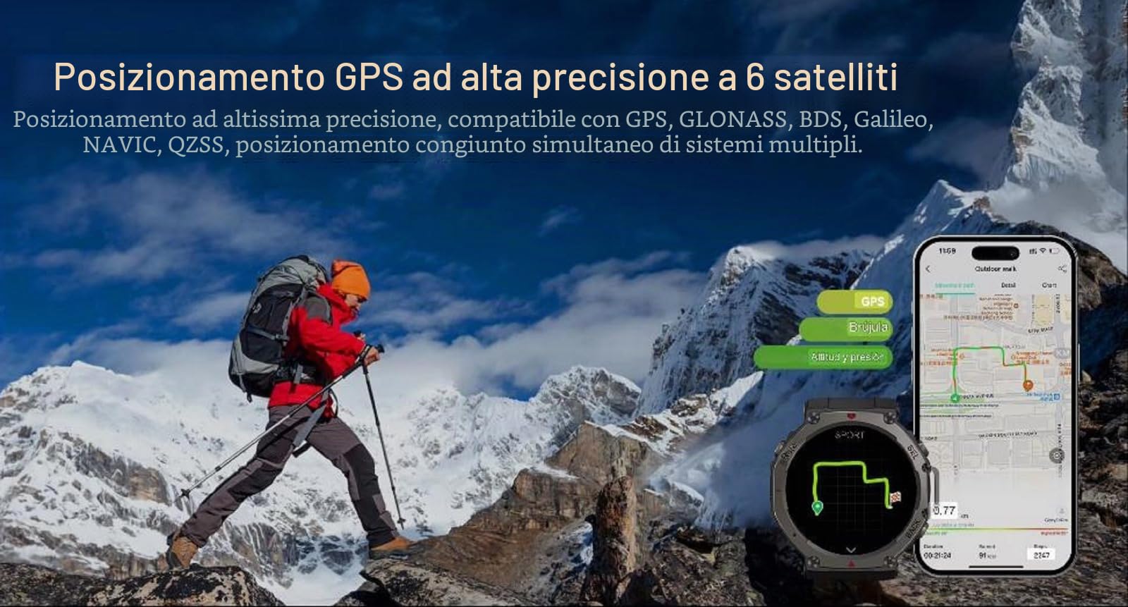 Smartwatch da uomo e donna, GPS, con schermo AMOLED 1.43 da 460 x 460, altimetro barometrico e bussola con batteria da 500 mAh, resistenza di grado militare, monitor della salute