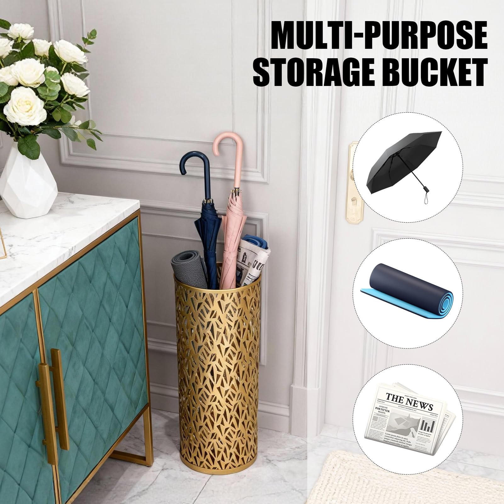 Regenschirmständer, Schirmständer Metall, 5.91x16,54in (ØxH) Schirmständer rund Organizer für Regenschirm, Dreieckiger hohler für Haus Büro Eingang Lagerung Regenschirme (Goldene L)