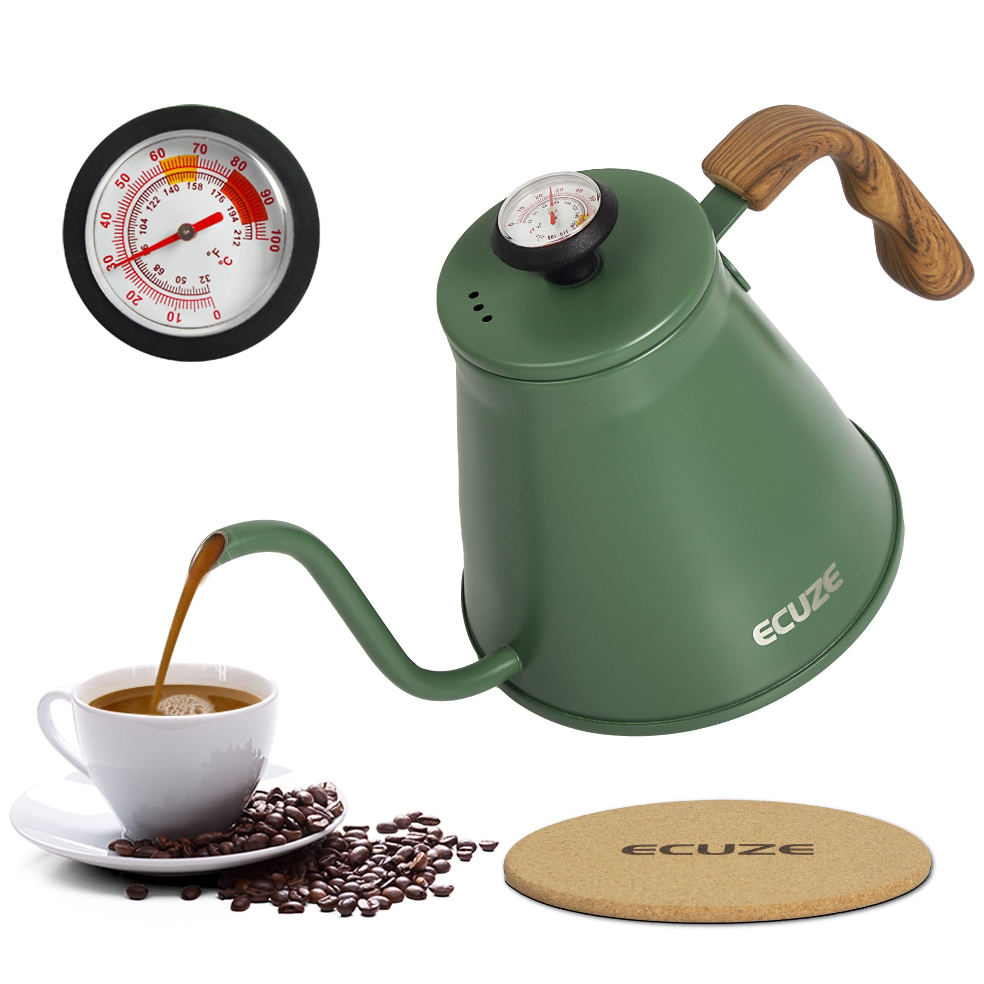 Gooseneck Kettle With Thermometer for Stove Top, 40oz Coffee Kettle, Premium Food Grade Stainless Steel, Works On Stove And Any Heat Source, Pour Over Kettle for Tea and Coffee (blackish green)