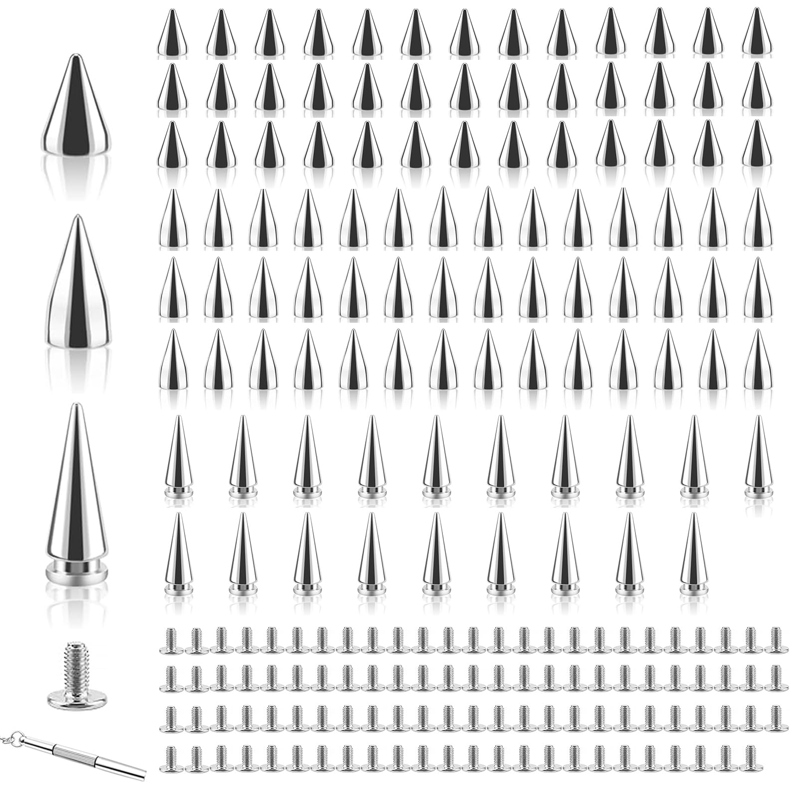 100pcs Cone Spikes Studs Rivets,Studs for Clothing & Rivets for Leather Kit,7mm Silver Cone Spikes Screw Back Punk Rock DIY Studs for Crafts, Bags, Jackets, Jewelry Making with 3 Sizes & Screwdriver
