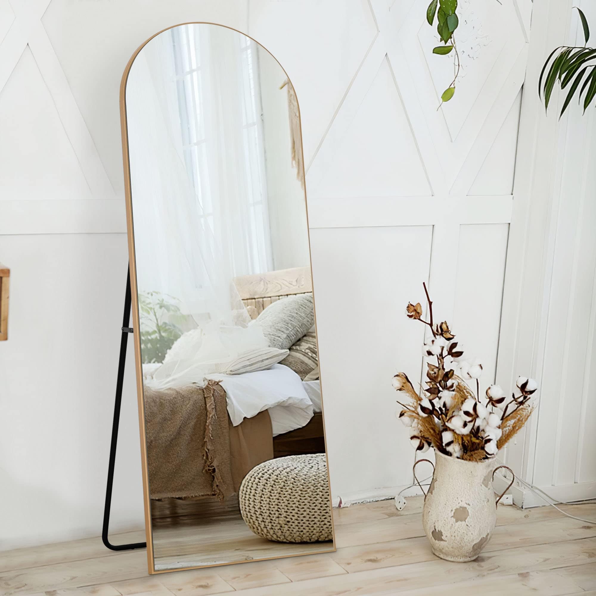 NeuType 59"x20" Arched Full Length Mirror, Large Arched Wall Mirror Floor Mirror with Stand, Full Body Dressing Mirrors Standing Hanging or Leaning Against Wall, Arched-Top Wood Thin Frame, Gold