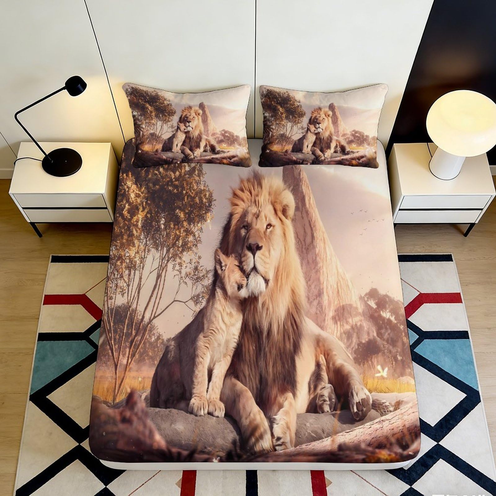 3D Printed Lion Family Fitted Sheet Microfiber Soft Durable Lion Cub Bed Cover for Bedroom Dormitory Guest Room Mattress Protection Decoration 140x200x25cm