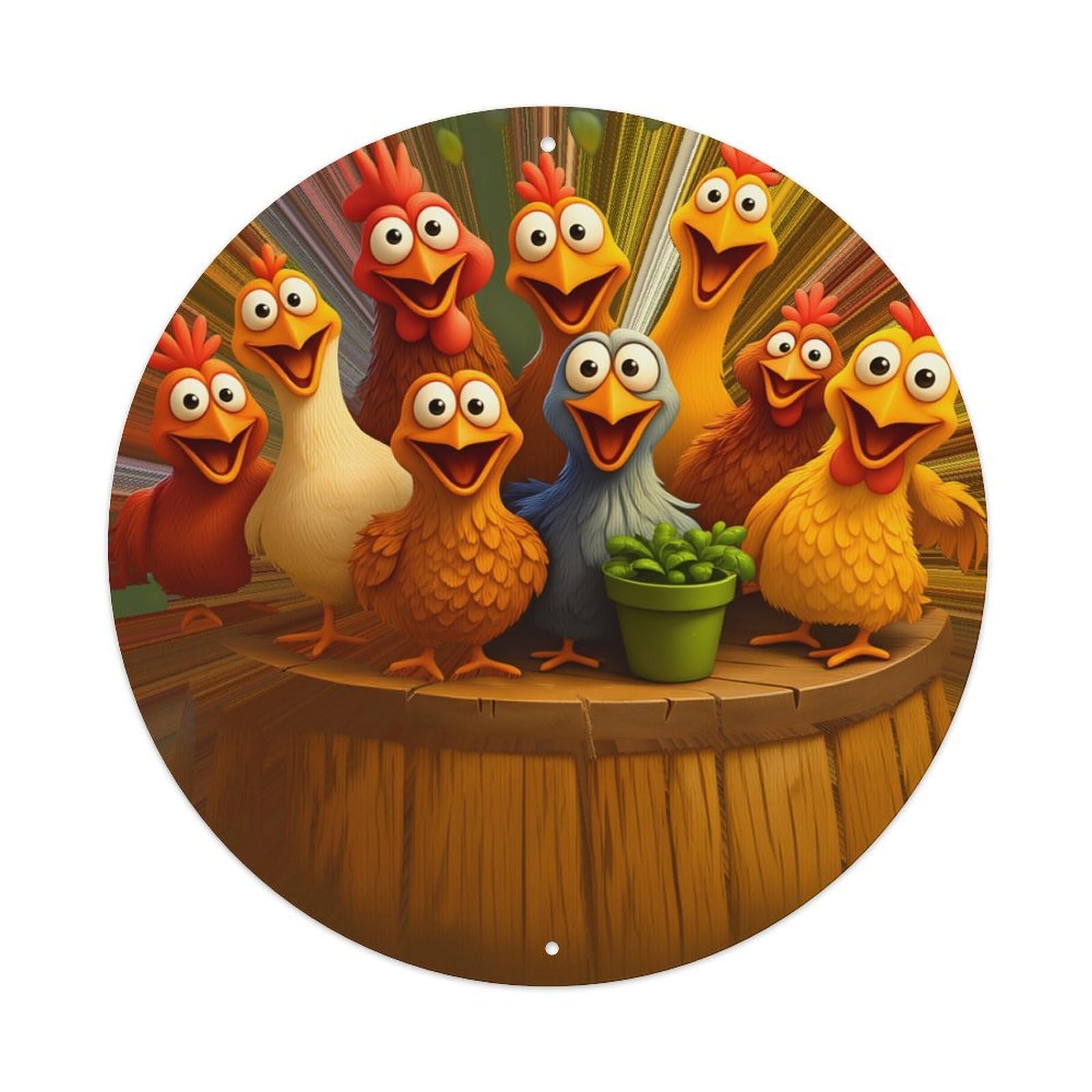 Chicken Group On Barrel With Plant Round Tin Sign Retro Metal Sign for Cafe Bar Pub Home Game Room Gym Club Wall Decoration Vintage Metal Poster 8x8 Inch