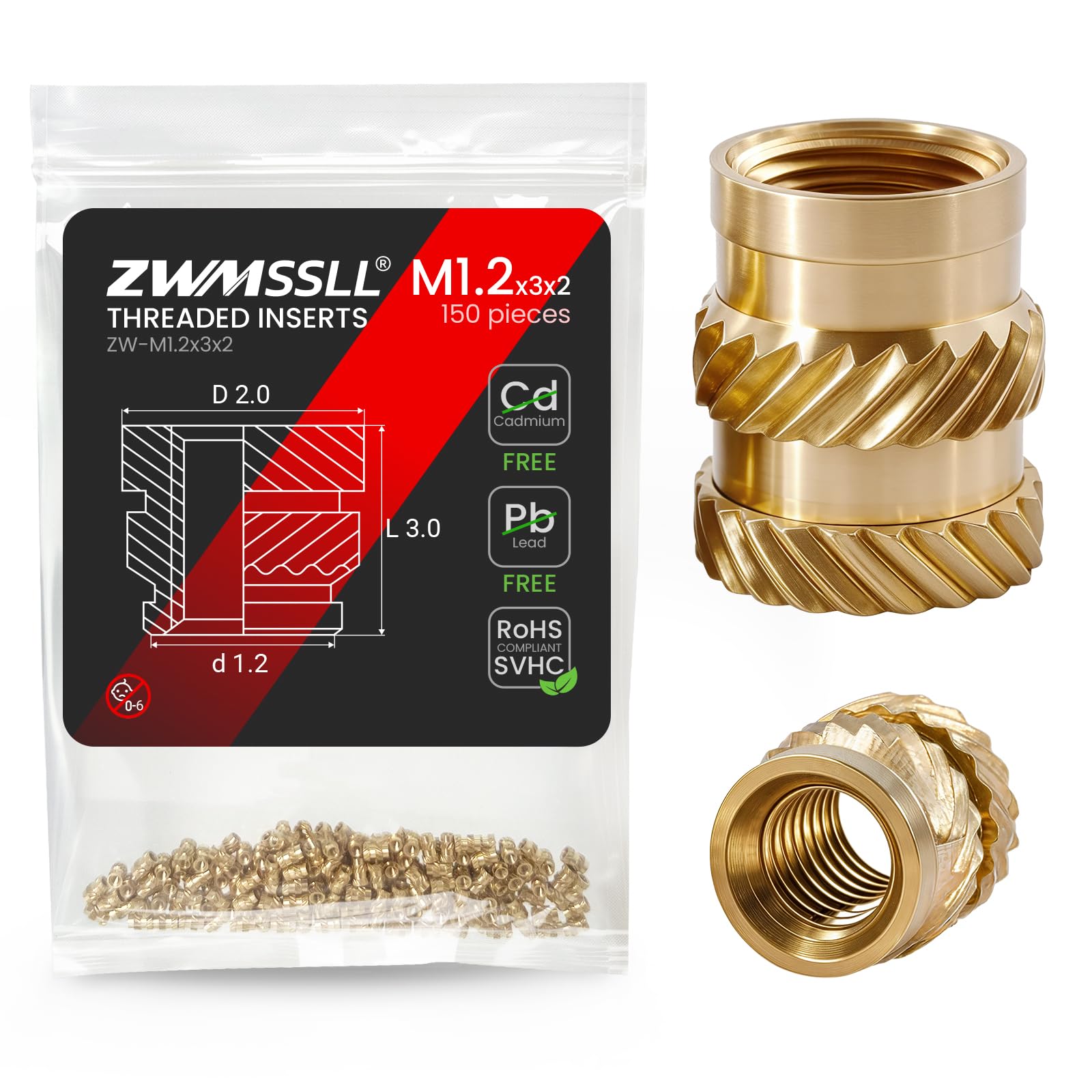 Inserti filettati termofissati M1.2, M1,2 x 3 x 2 mm (150 pezzi) per componenti di stampa 3D e parti in plastica, dadi zigrinati metrici in ottone