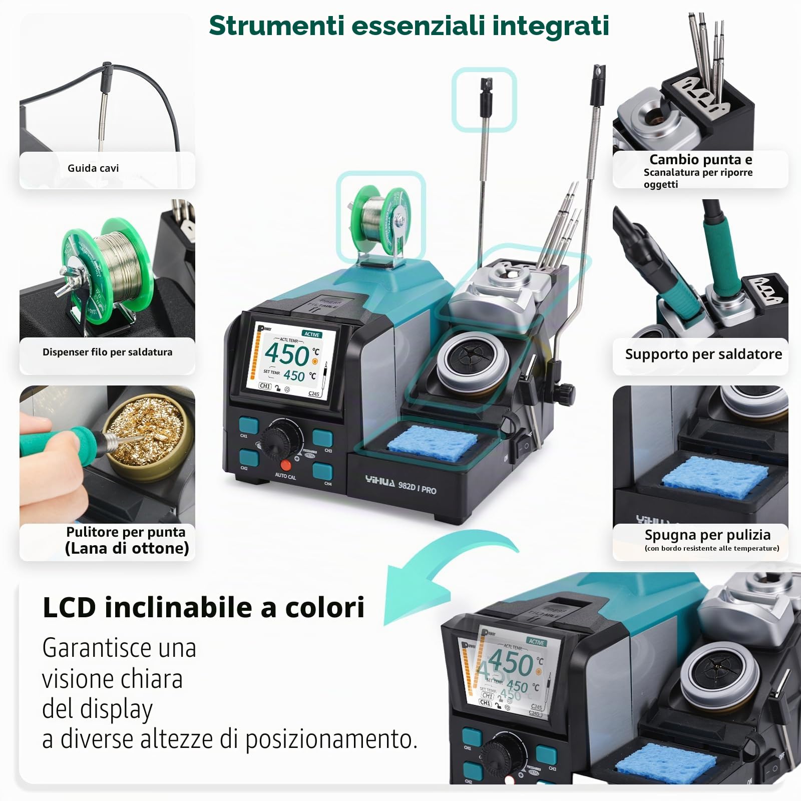 YIHUA 982D-I PRO Stazione di Saldatura 2-in-1 con Microsaldatore di Precisione, Pinzette Calde, 10 Cartucce a Punta, Interfacce Operative Individuali, Doppio Supporto, 4 Canali Preimpostati (EU Plug)