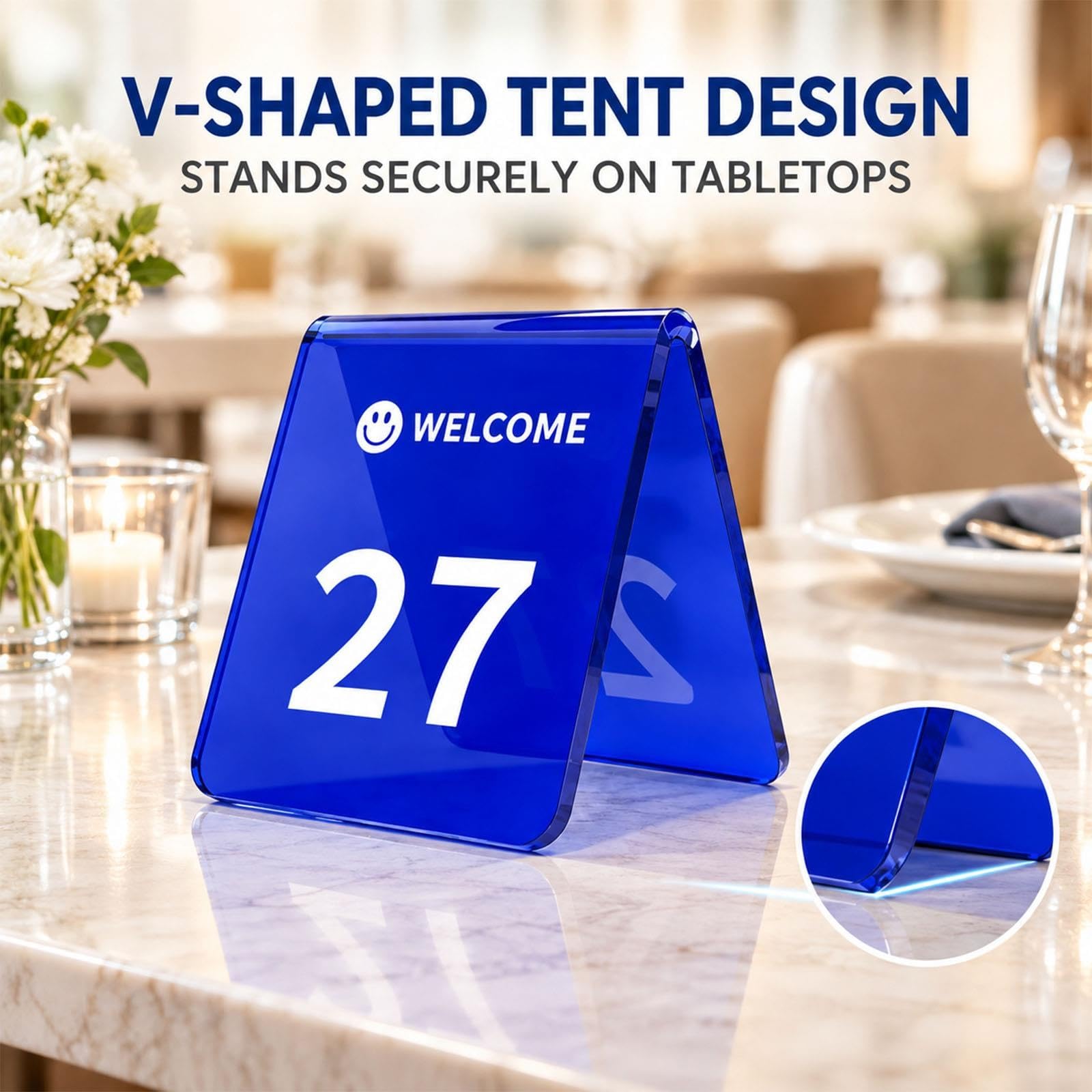 Cartelli Da Tavolo Numerati Blu Trasparenti Per Matrimoni/ristorante, Numeri Da Tavolo Su Entrambi I Lati Supporti Per Cartelli Tende(1-59,L 70 MM W 80 MM)